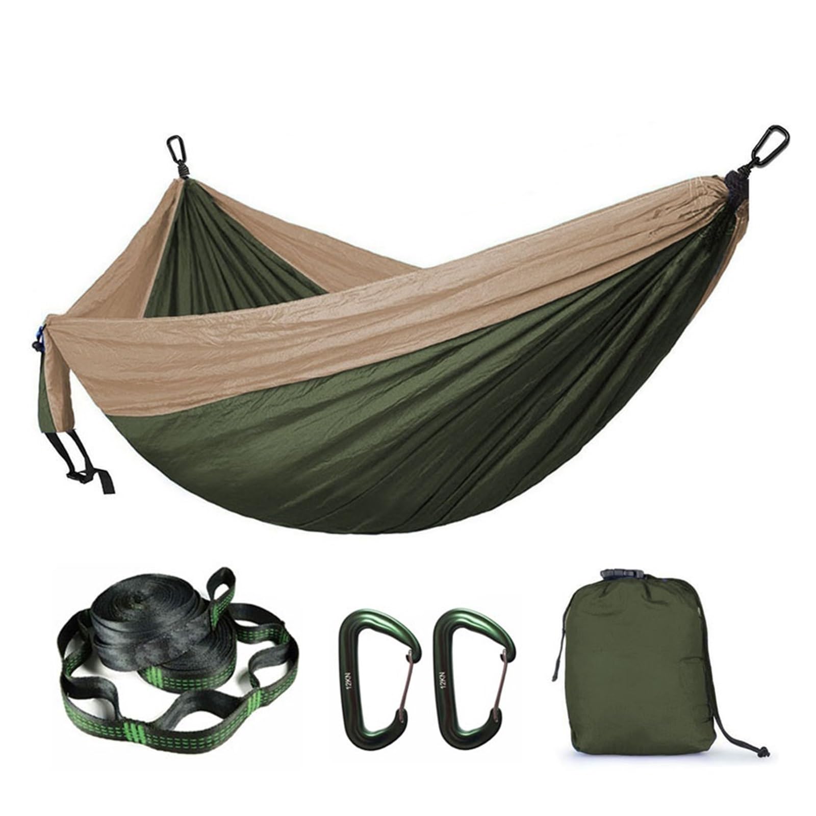 Camping Hammock Solid Color Nylon Parachute Hammock Camping Survival garden swing Leisure travel Portable outdoor furniture(Green 2)