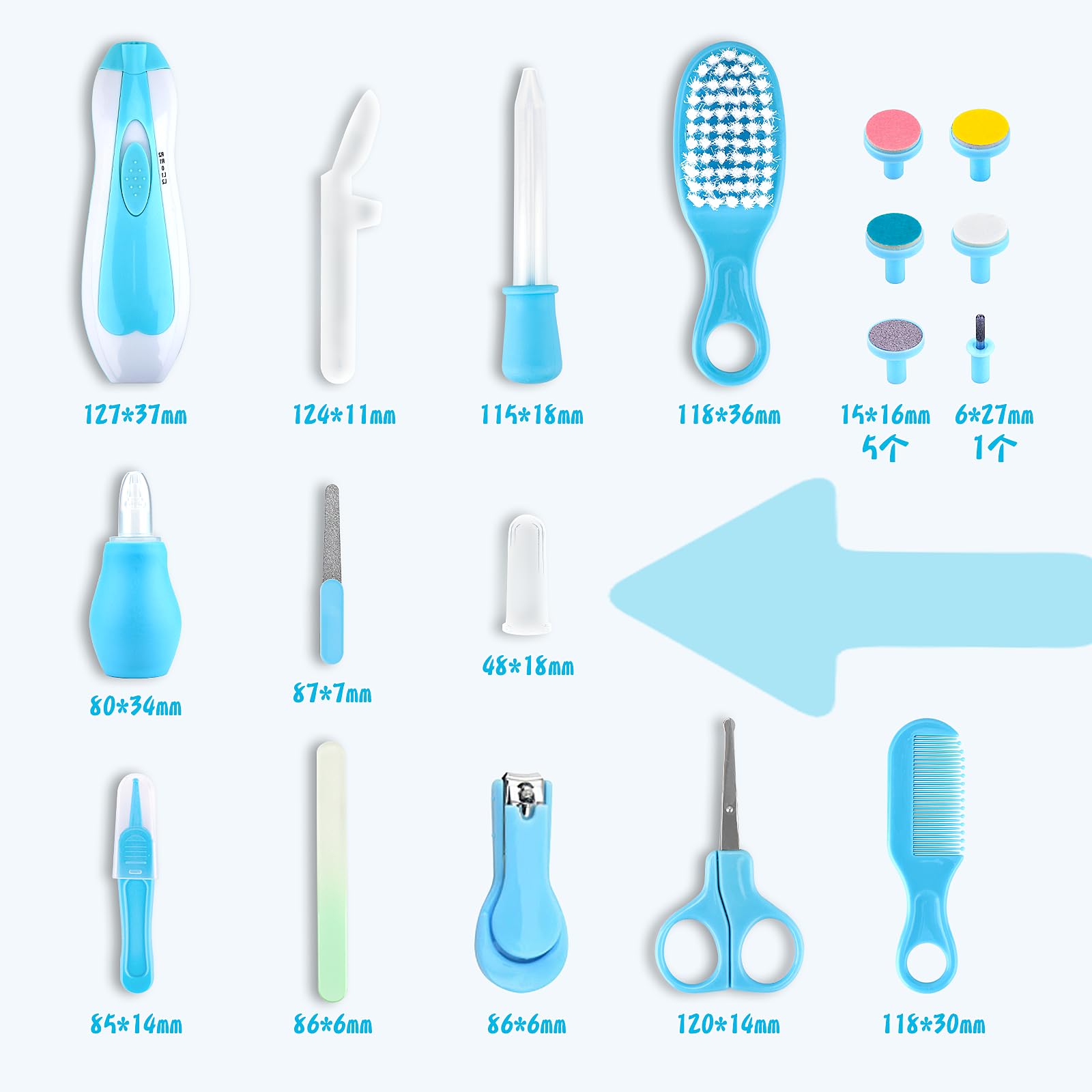 Kit de toilettage pour bébé, ensemble de soins de sécurité pour nourrissons avec brosse à cheveux, peigne, coupe-ongles, aspirateur nasal, kit essentiel pour nouveau-né filles garçons (bleu-20 en 1)
