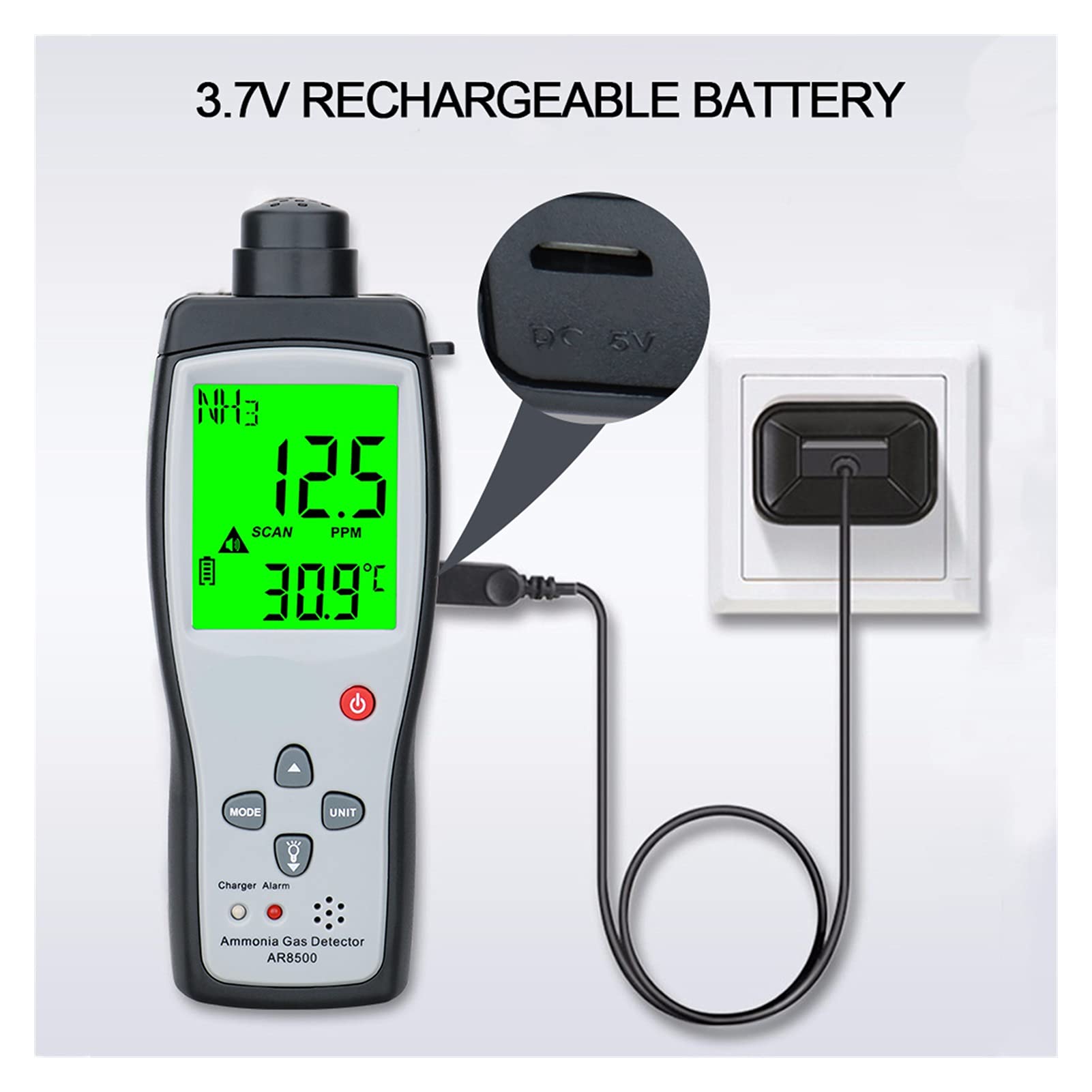 Monitor de calidad del aire Detector de gas amoníaco NH3 Analizador de gas medidor Tester Air Quality Monitor Handheld 0-10 0ppm Alarma de luz de sonido AR8500