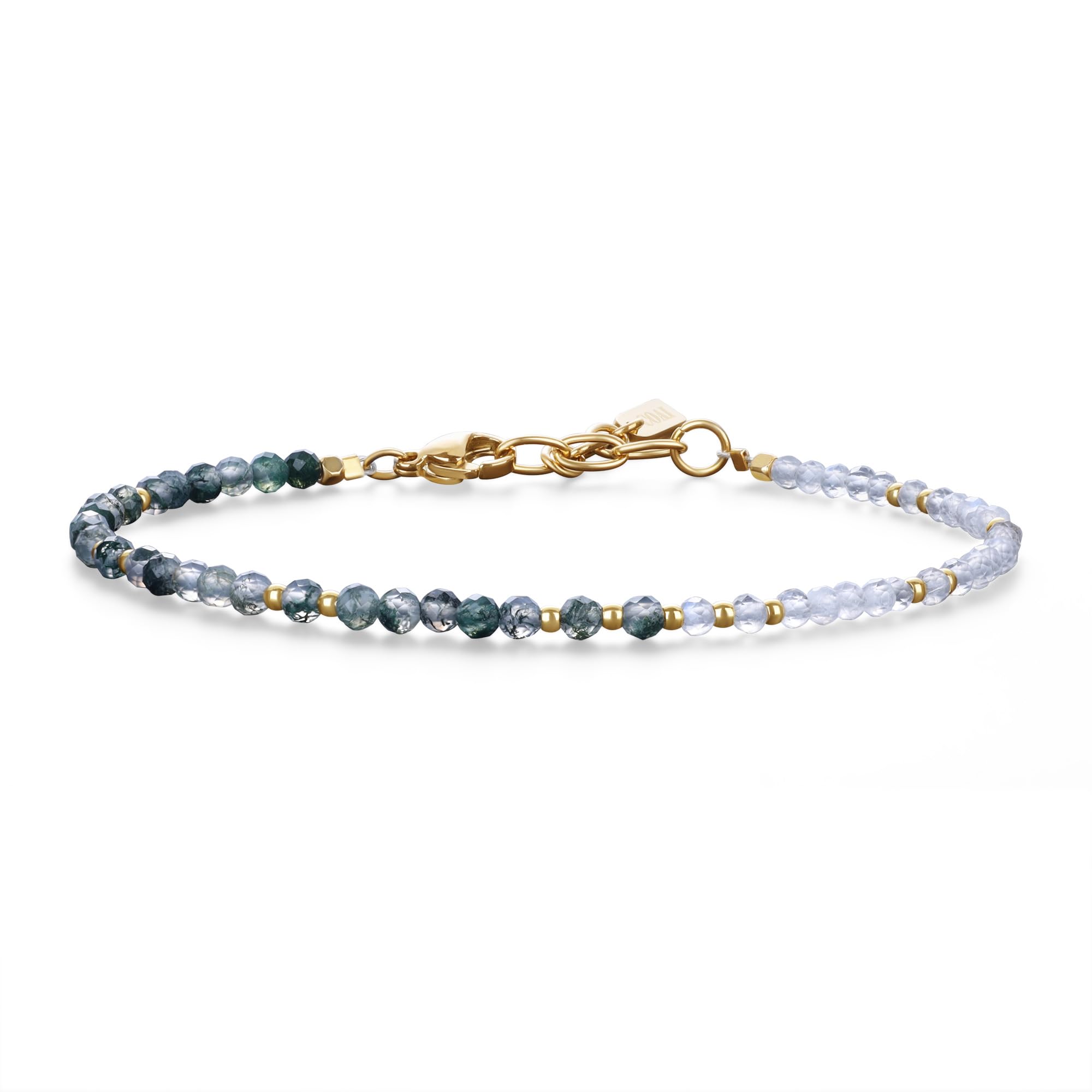 COAI Moss Agate Moonstone Bracelet for Women, Adjustable 18K Gold Plated Stainless Steel Crystal Bracelet for Women 3mm