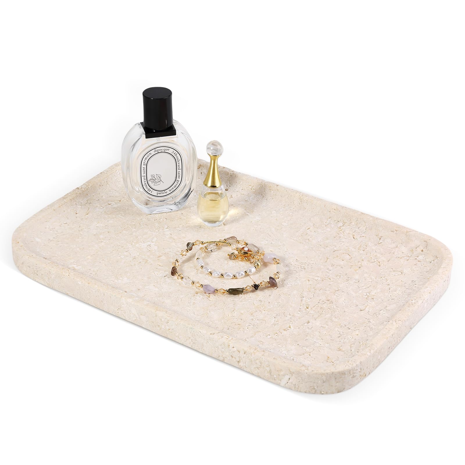 Karibiber Natural Marble Vanity Tray, 11.8" Marble/Stone Bathroom Tray Countertop, Beige Tray for Decor, Perfume Jewelry Holder, Storage/Organizer for Kitchen Sink