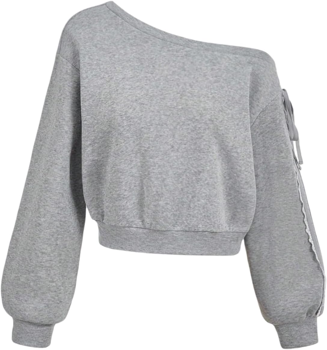 WDIRARA Women's Off the Shoulder Crop Sweatshirt Lace Trim Tie Side Pullover Tops