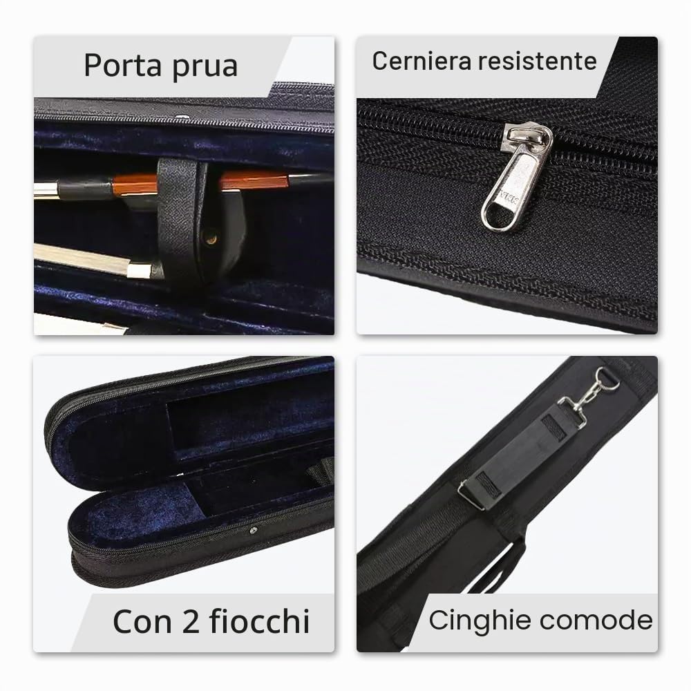 Custodia rigida per archetto per contrabbasso e violoncello, spessore 4/4, interno in peluche, antiurto, con tracolla, design resistente con cerniera (nero)