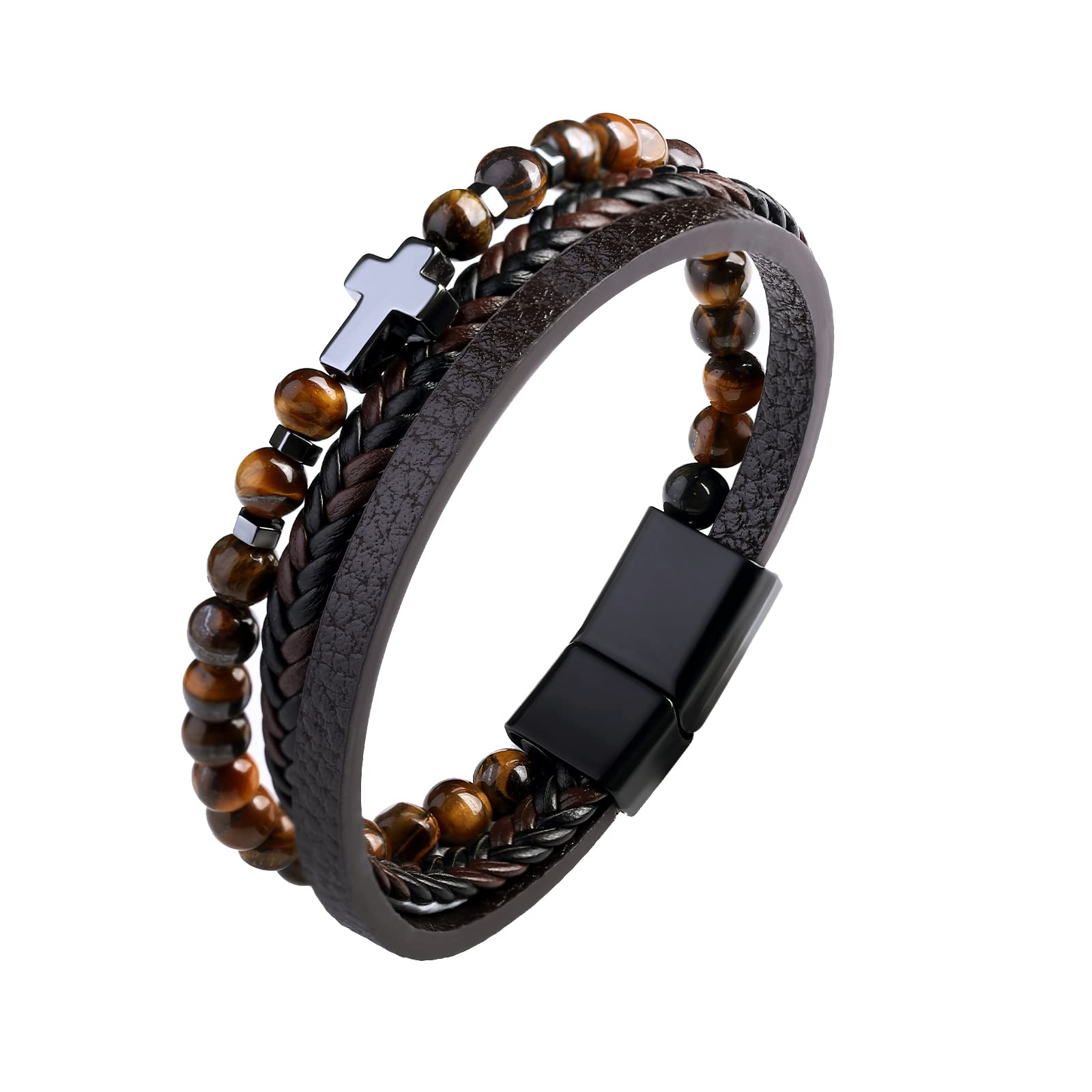 Dochais 3 Piezas Pulseras De Cuero Para Hombre, Tejido a Mano, Acero Inoxidable, Pulsera De Los Hombres, Pulsera De Acero Inoxidable De Cuero Genuino, Con Cierre De Imán (1Pcs)