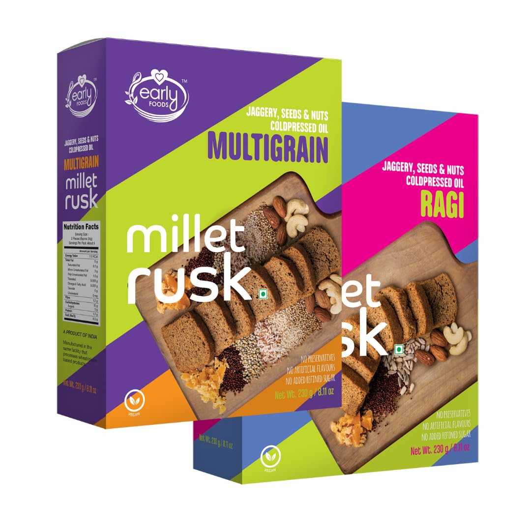 Early Foods Assorted Pack of 2: ZERO Maida Ragi Rusk & Multigrain Rusk | Sugarfree Millet Rusk with Jaggery | Millet & Atta Rusk No Maida | Kids Snack | 210g x 2 (B0CWPCHMNK) Amazon Price History, Amazon Price Tracker