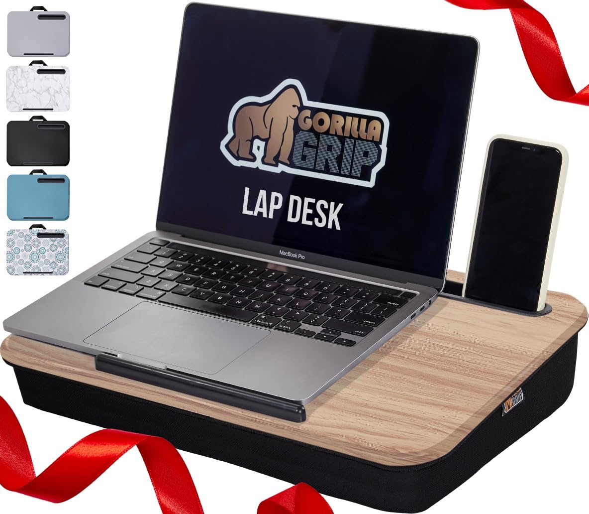 GORILLA GRIP Laptop Lap Desk with Phone Holder, Pillow Cushion Desks Fit Laptops up to 15.6", Gifts for Home, Portable Travel Workstation, Tray Ledge Keep Computers in Place, Light Wood Color