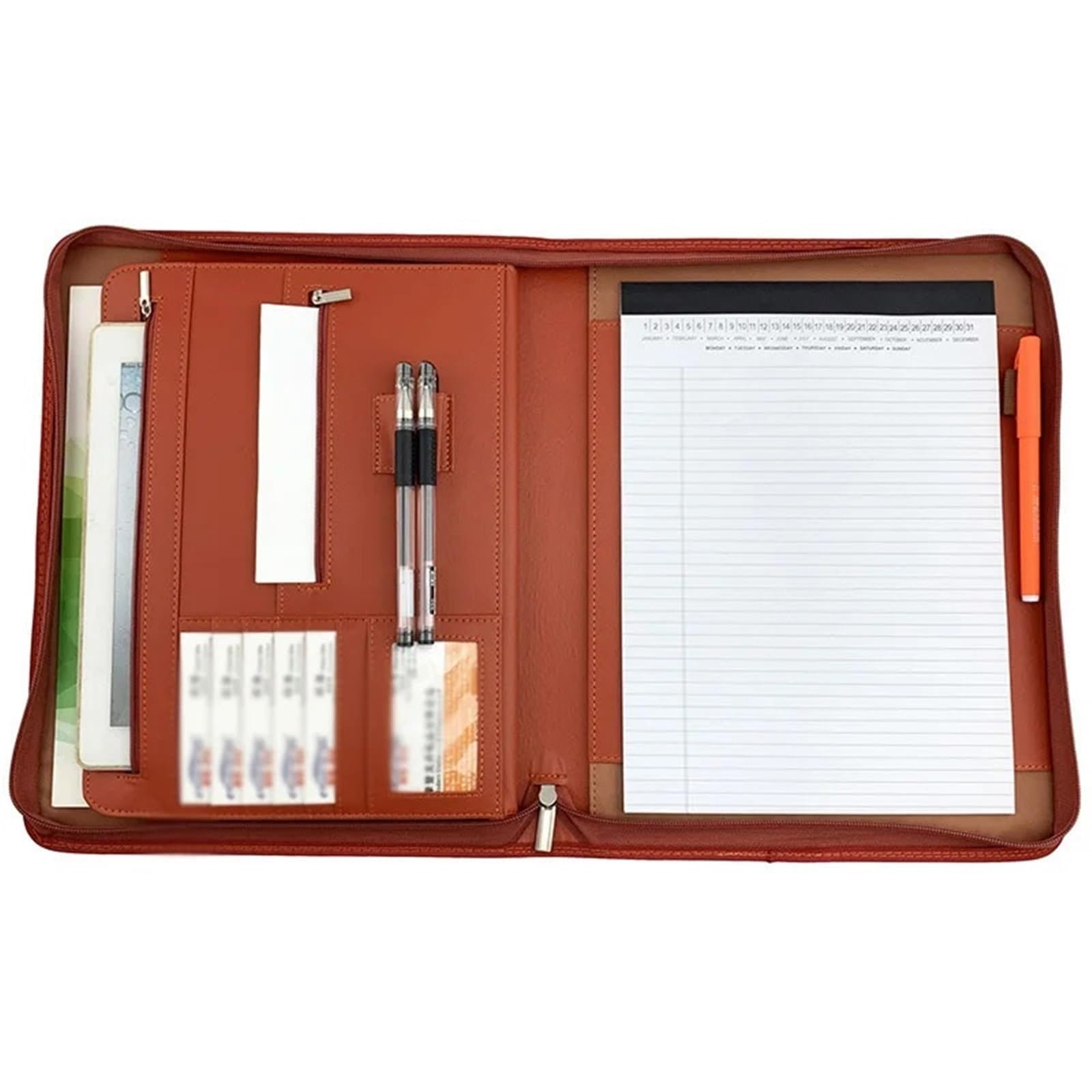 Portefeuille en cuir avec fermeture à glissière for cartes de visite, entretien, CV Enveloppe Porte-Documents(Brown with book)