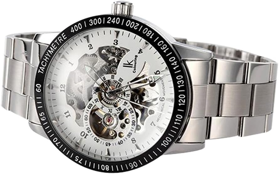 Silver IK Stainless Steel Automatic wristwatches Skeleton Mechanical Wrist Watch Hollow