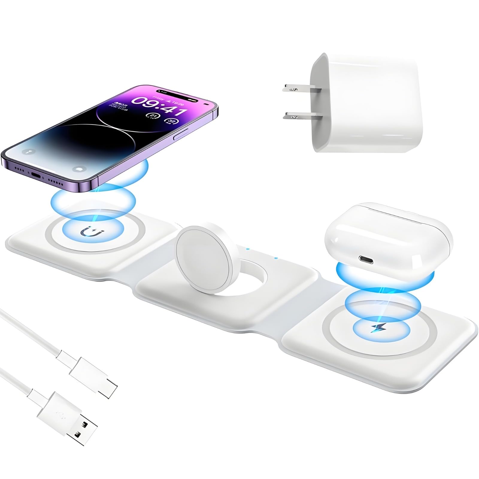 Apple Devices Charging Pad for iPhone 12 13 14 15 16 Pro Max, iWatch, Airpods - 3 in 1 Wireless, Magnetic Foldable Travel Charger Station for Multiple