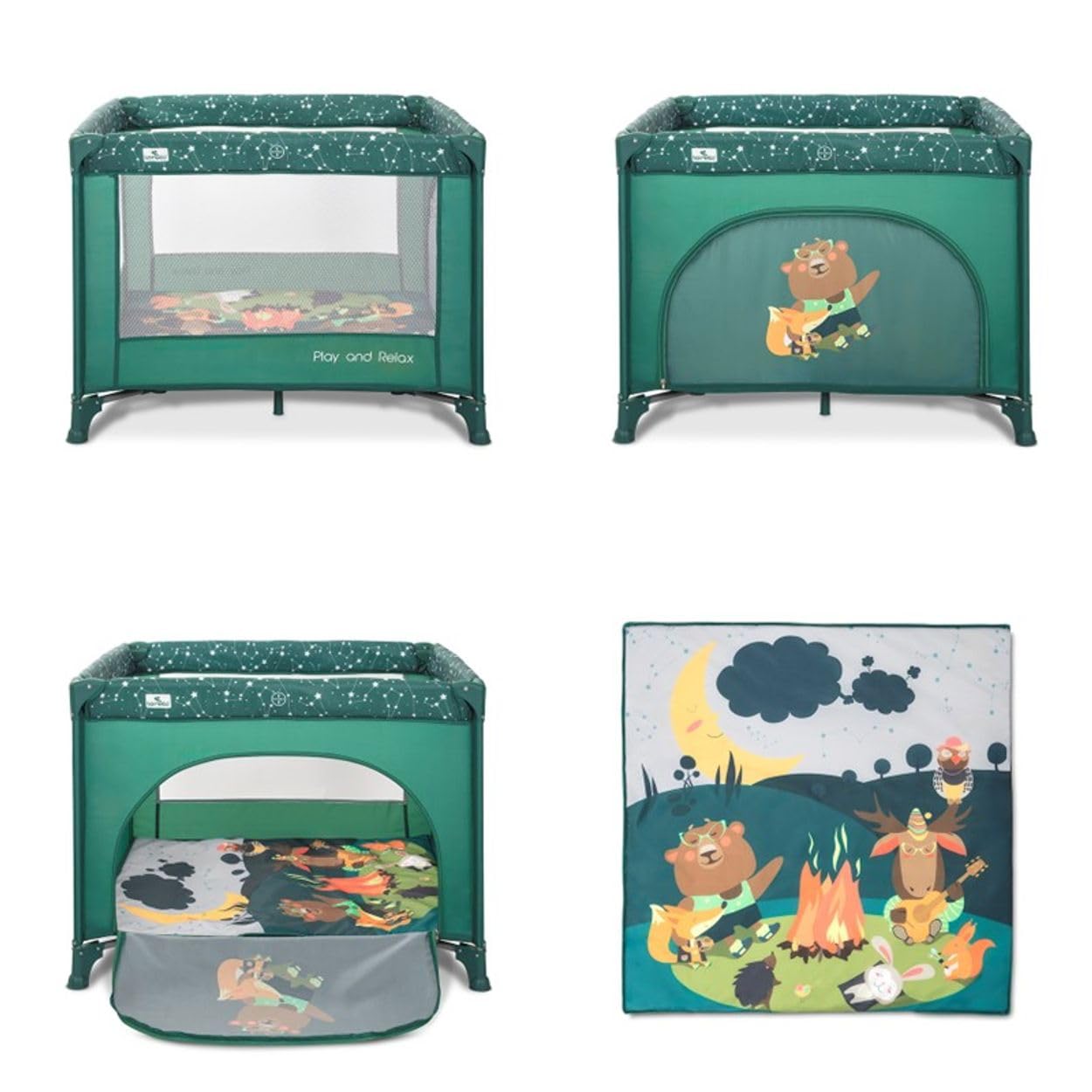 Lorelli Baby Laufstall, Playpen Play and Relax, Weicher Faltboden, kleiner Laufgitter 100x100 cm, Absperrgitter mit atmungsaktivem Netz und Reißverschlusstür, faltbarer Krabbelgitter, Grün