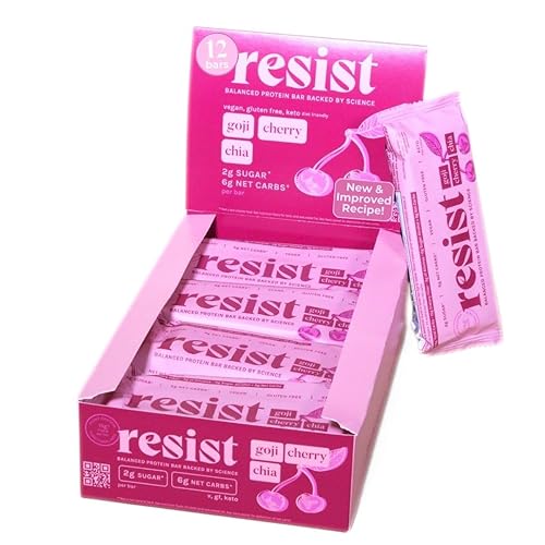 Resist Barras de proteínas  Glow Goji Cherry Chip  Chia  Barra de proteínas respaldada por la ciencia con fibra proteína vegetal y baja en