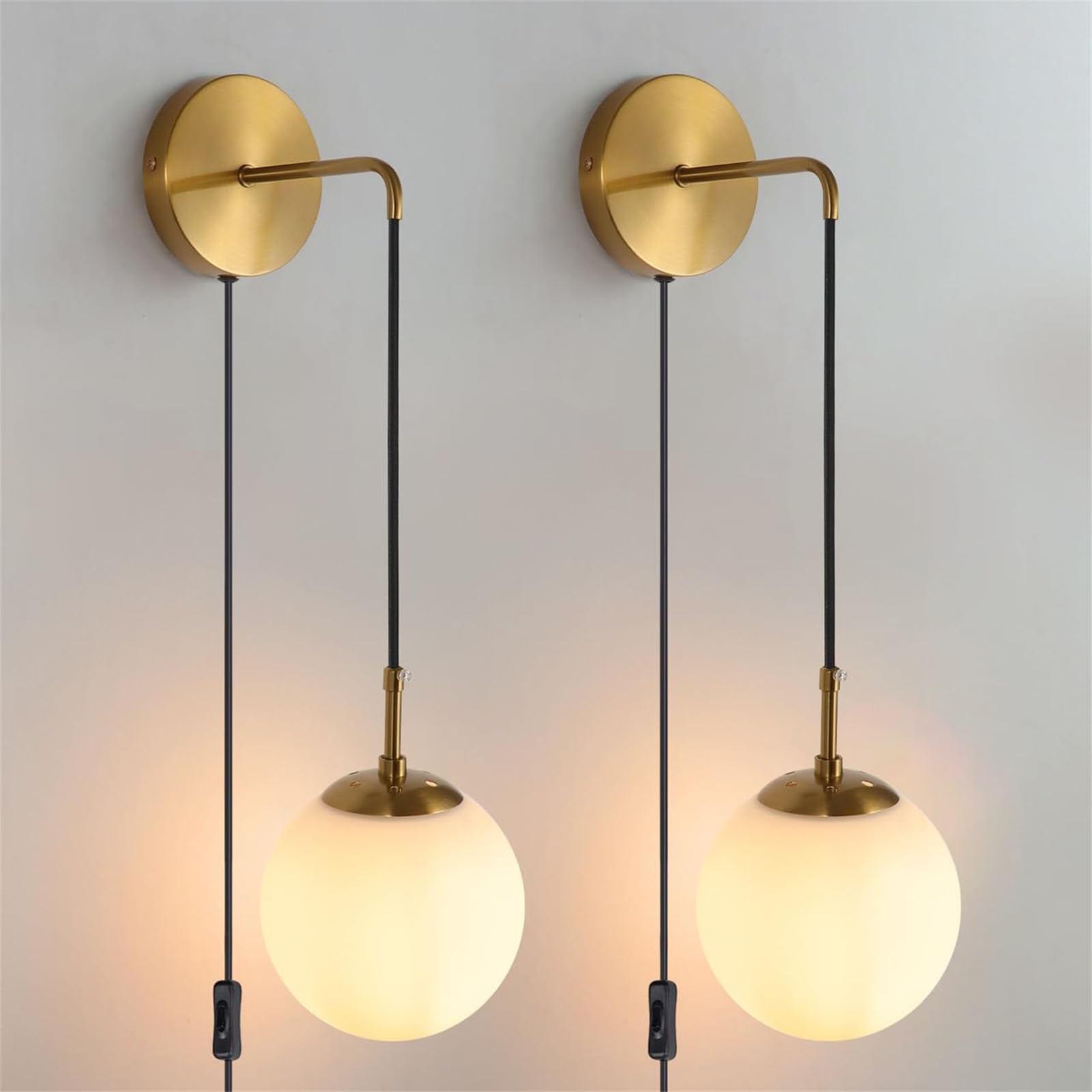 Set Di 2 Lampade Da Parete A Sfera In Vetro Con Cavo - Design Moderno Vintage Per Soggiorno E Camera Da Letto (Oro)