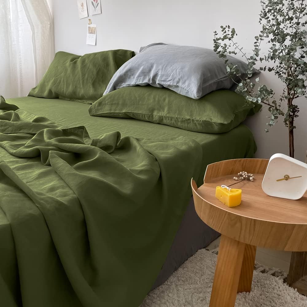 Simple&Opulence 100% Linen Fitted Sheet Queen(1 Piece), 14 Inch Deep Pocket Mattress Cover Natural French Flax Stone Washed Farmhouse Soft Breathable Bottom Sheets-Olive Green - Image 4