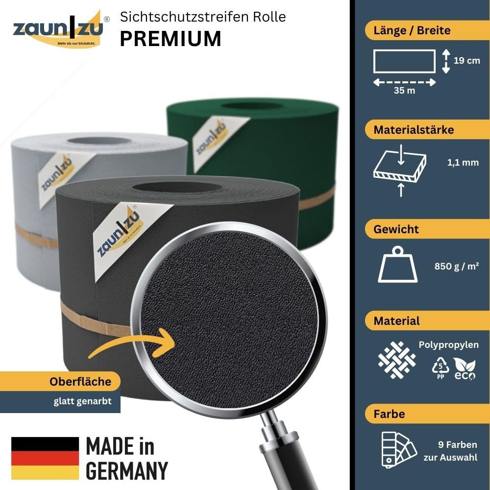 Premium 35 Meter Rolle 19cm hoch | genarbte Oberfläche | Sichtschutzstreifen PP für Doppelstabmatten UV-beständiger Sichtschutz | Zaunblende Made in Germany Weiß, 35m