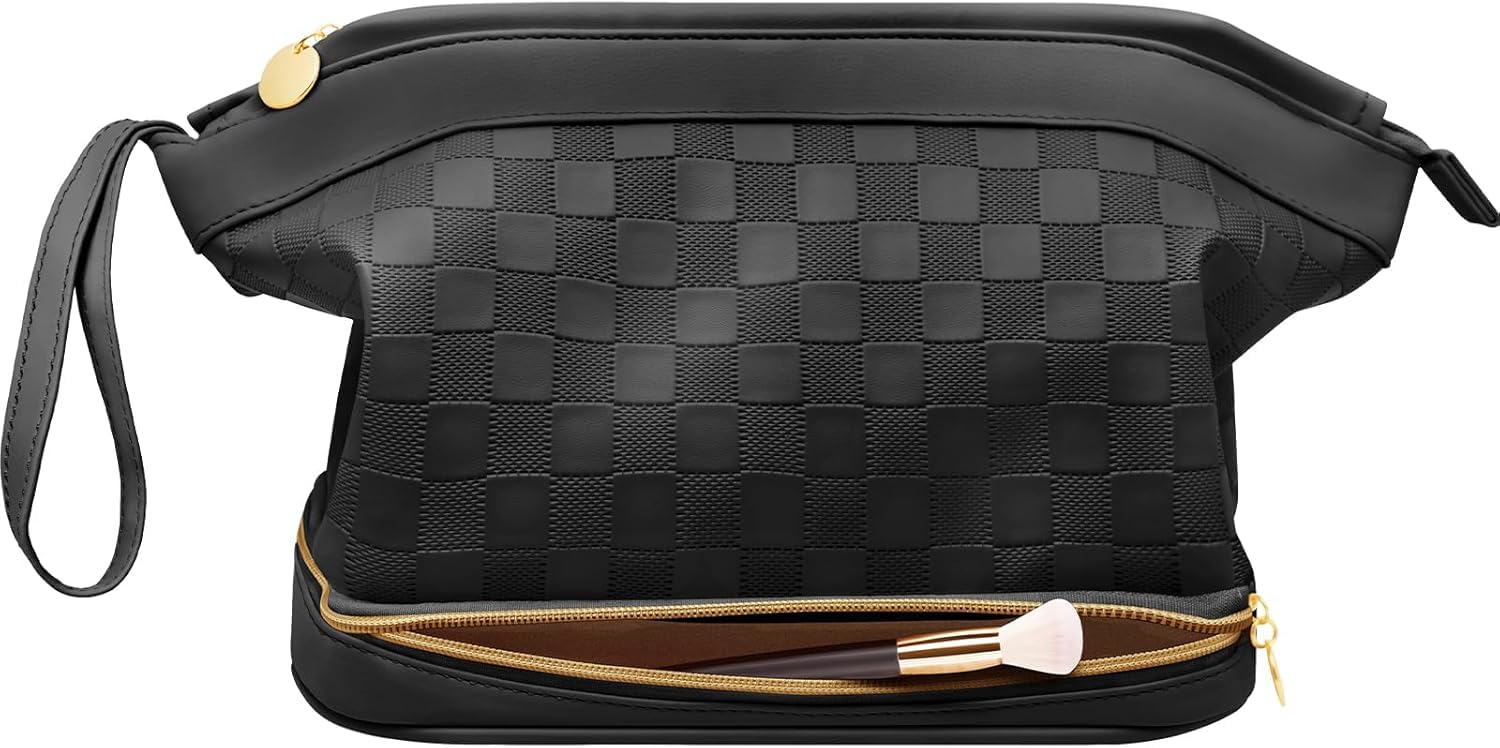 Hairao Toiletry Bag for Women, Large Makeup Bag with Double Layer Design, Waterproof Checkered Makeup Organizer Bag, PU Leather Cosmetic Travel Bag