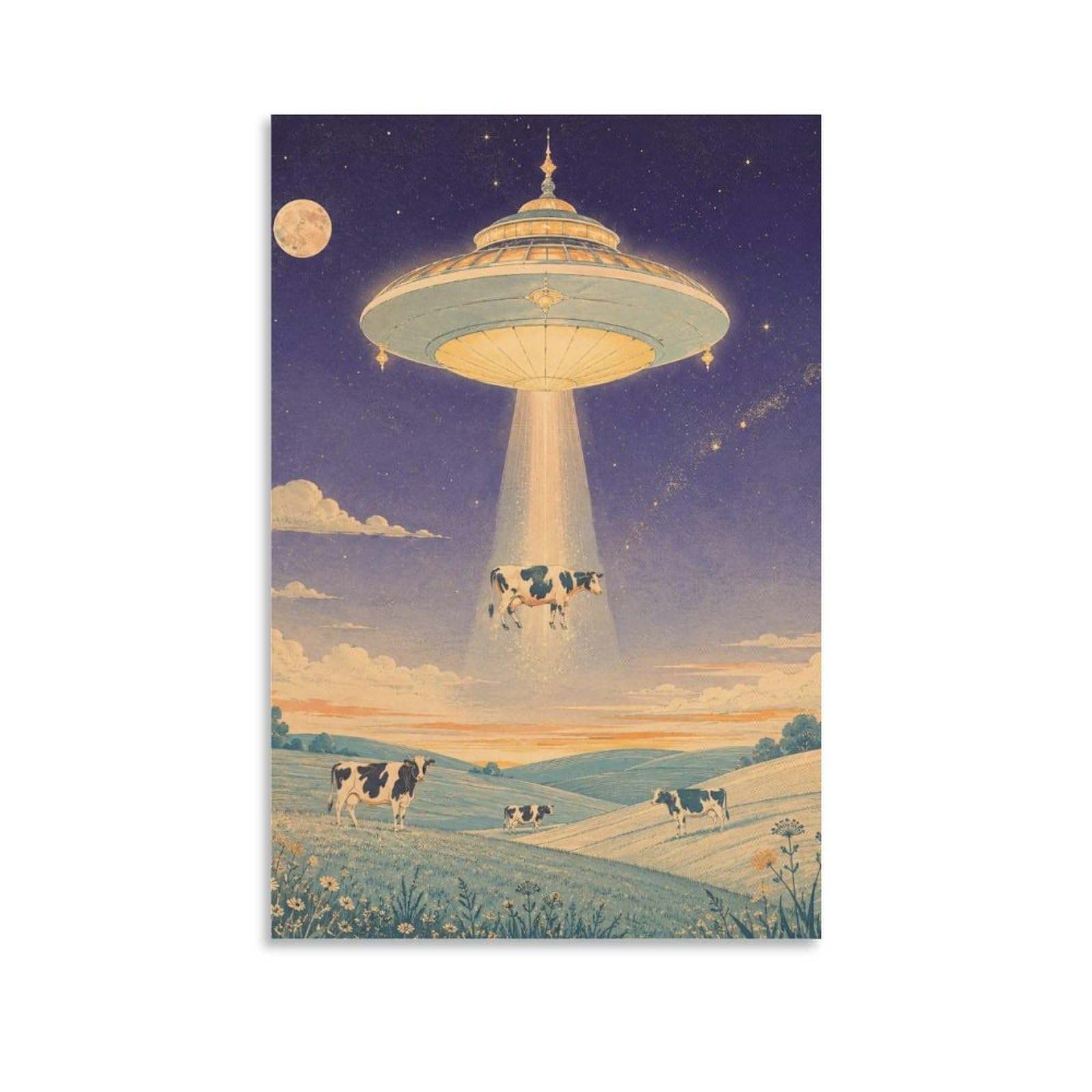 W7C8U2X3 UFO Cattle Moonlit Pasture Canvas Wall Art, Whimsical Cat Wall Art