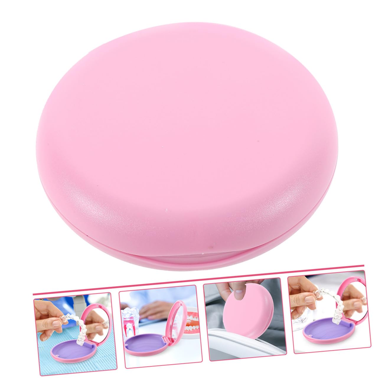 2pcs Denture Storage Box with Mirror Portable Retainer Case Small Orthodontic Braces Keeper for Travel and Home Use Pink
