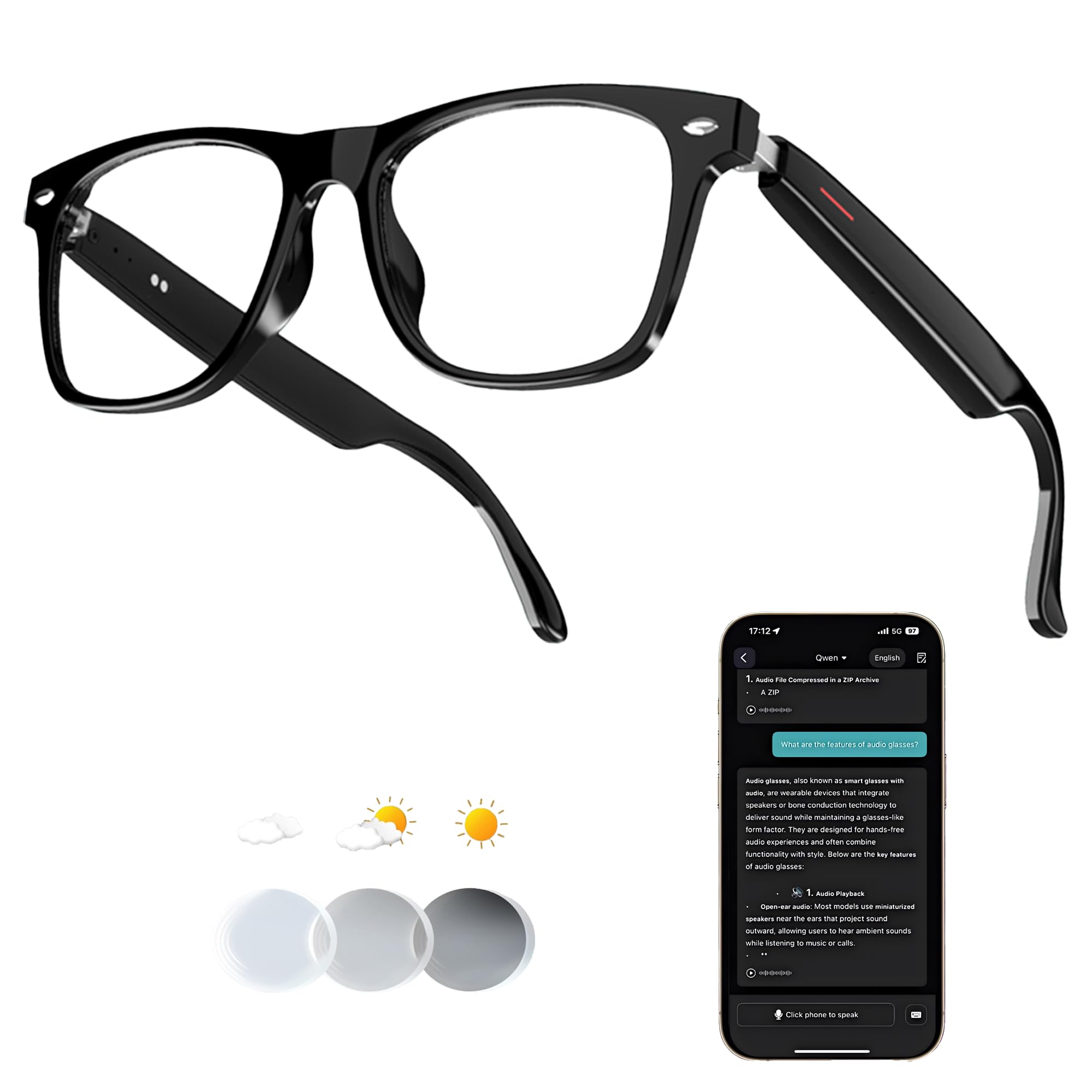 AI Smart Wireless Bluetooth Translation Glasses for Men/Women with Speakers/Bluetooth&140+ Languages Translation Sports/Travel/Drive/Busniess (E13+AI+Color Change Lenses+Black)-image-43