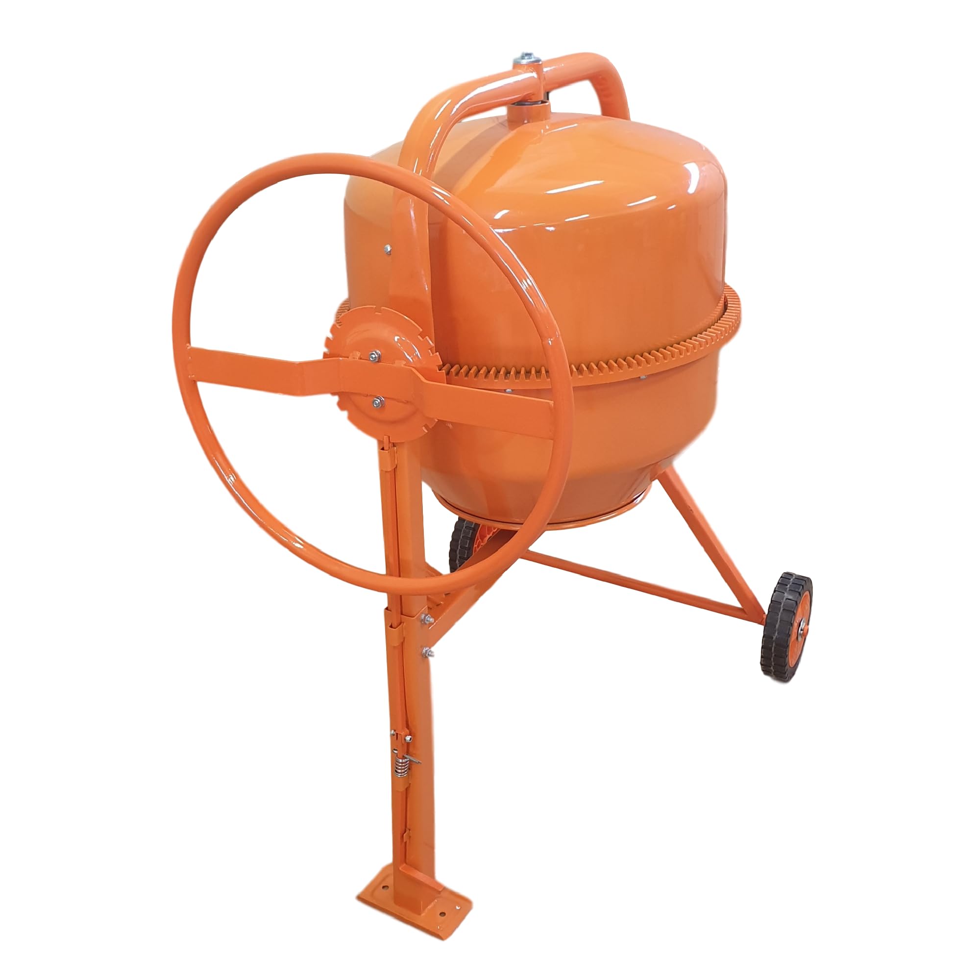 Betonmischer BAU160, 160L Trommel, 850W Motor, Orange, Stahlrahmen mit Metall-Zahnkranz, Kunststoffräder, Kipp-Handrad