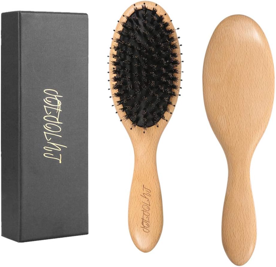 Boar Bristle Hair Brush for Men & Women-Natural Beech Professional Detangler Hairbrush with Wooden Paddle for Long,Thick,Curly,Dry or Damaged Hair-Reduce Hair Breakage and Frizzy, Giftbox Included