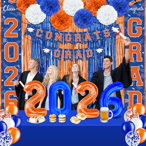 Image of Graduation Party Decorations Class of 2026, Graduation Decorations with Congrats Grad Banner Fringe Foil Curtain Paper Flower Ball Balloons for High School College Grad Party Supplies, Blue Orange