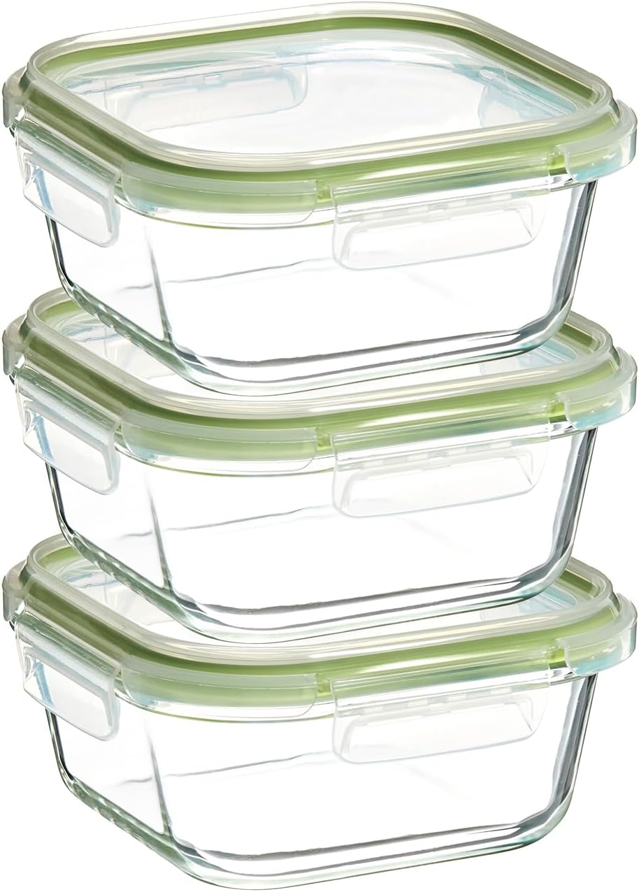 Amazon Brand - Solimo Borosilicate Glass Container with Lids for Kitchen/Tiffin (570ml Each) | Airtight & Leak-Proof | Freezer, Microwave & Dishwasher Safe (Square Shaped) (Set of 3) (Transparent)