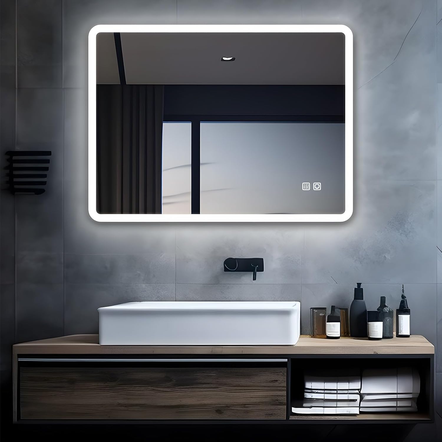 Espejo de baño LED con iluminación, 80 x 60 cm, espejo de baño, espejo grande con 2 toques, regulable, luz cálida/blanca, sin vaho, espejo de pared para baño, inodoro, pasillo, esquinas redondas