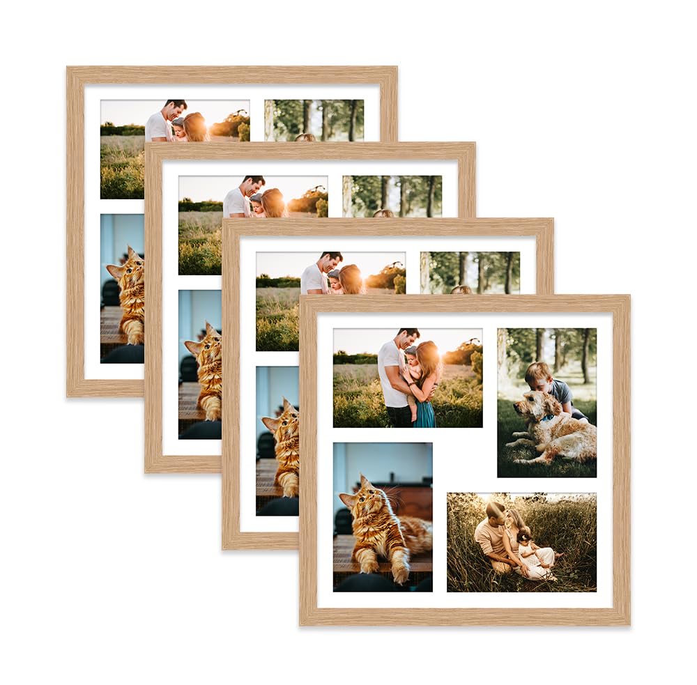 Oak Multi Photo Frame - Holds 4 x 6x4 Pictures, Family Collage Picture Frame for Wall Display, 12x12 Frame size, Set of 4