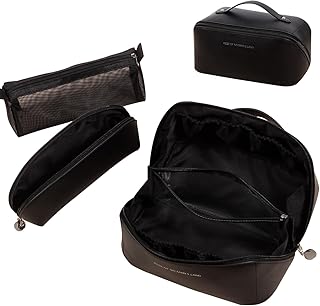 3 Set Makeup Bag- Large Capacity Travel Cosmetic Bag Plus Makeup Brush Holder Pouch, Open Flat Cosmetic Organizer Bag for Women, Portable PU Toiletry Bag Make Up Organizer with Divider Handle (Black)