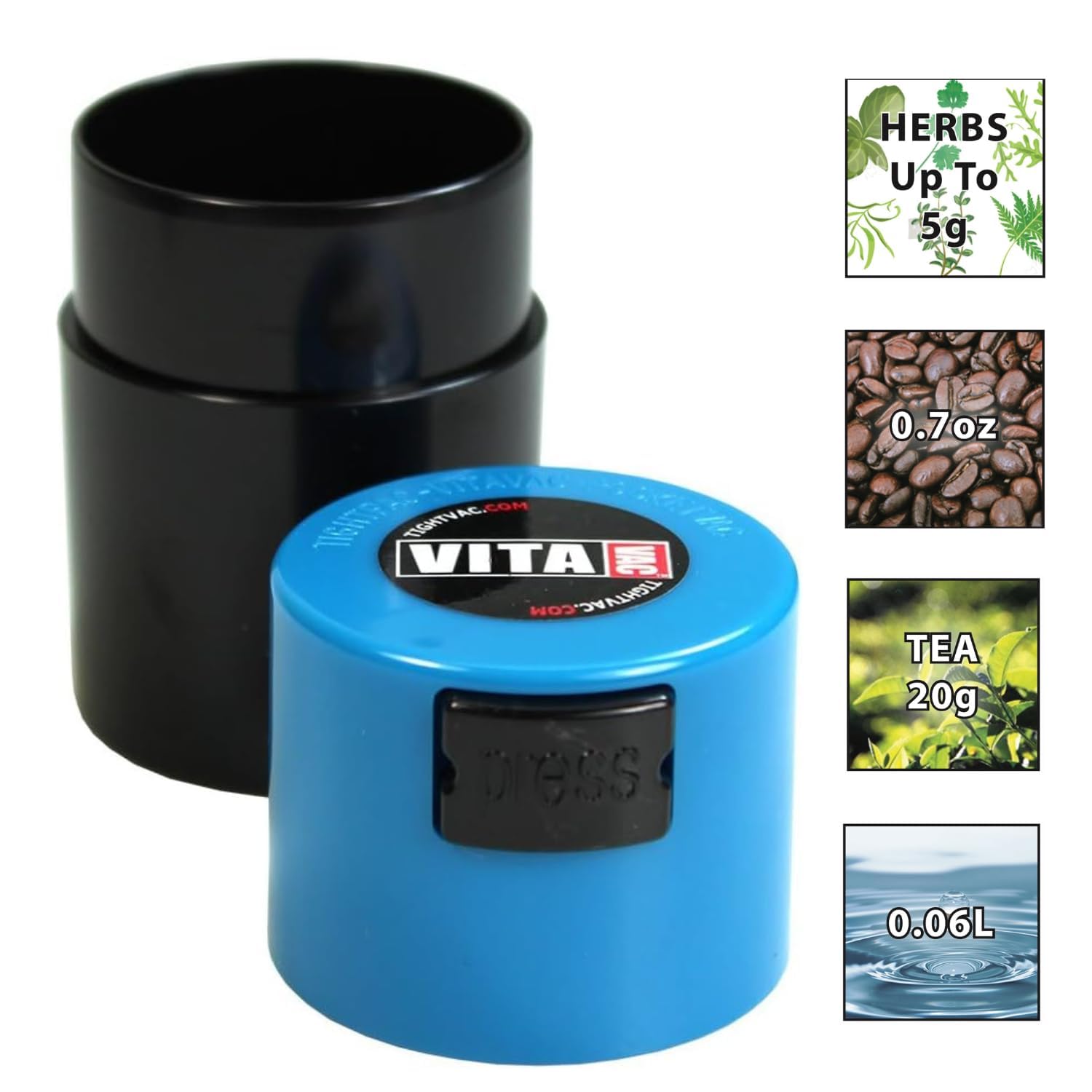 Vitavac - 5g to 20 grams Airtight Multi-Use Vacuum Seal Portable Storage Container for Dry Goods, Food, and Herbs - Light Blue Cap & Black Body - Image 2