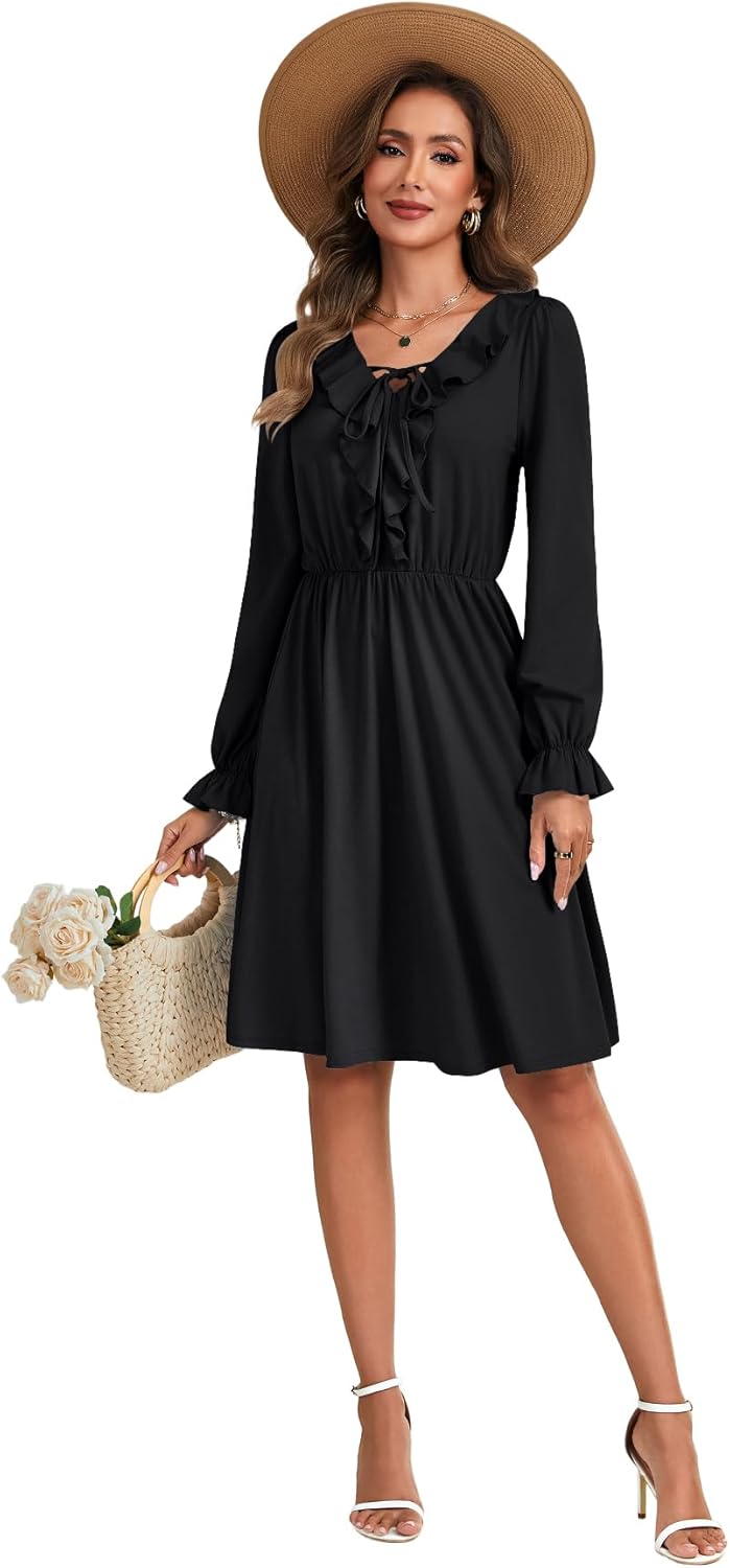 Rooscier Women's Ruffle V Neck Tie Flounce Long Sleeve Elastic High Waist A Line Midi Dress - Image 6
