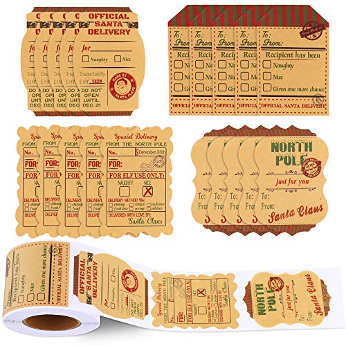 200 Pieces Christmas Stickers Adhesive Kraft Labels Xmas Kraft Stickers for Seals Cards Present Decorations, 3 x 2 Inch Christmas Tags, 4 Designs