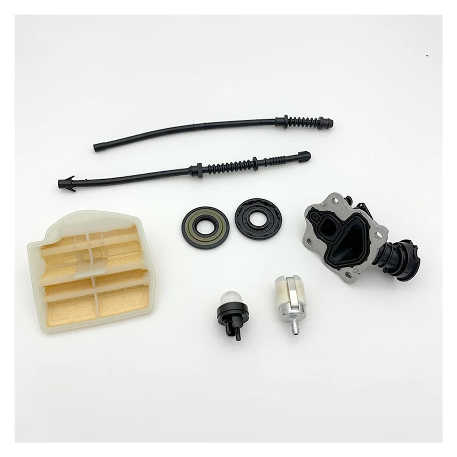 Compatible con motosierra de gasolina HUSQVARNA 450, 445 E, 450E y 445E. Piezas 544082301: filtro de aire, colector de admisión, línea de retorno de combustible y gas, manguera y filtro.