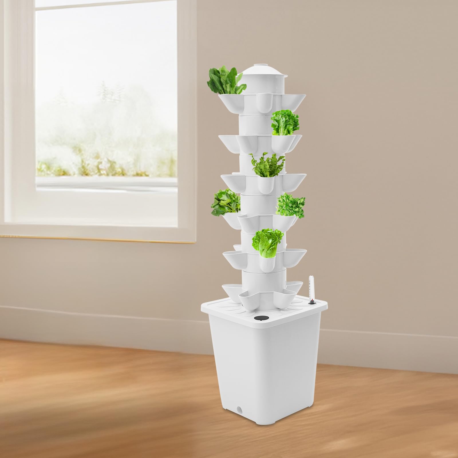 Sistema de cultivo hidropónico con 30 hoyos y 6 pisos | Con depósito de agua de 2,2 Gal y riego automático para balcón, oficina y hogar (blanco)