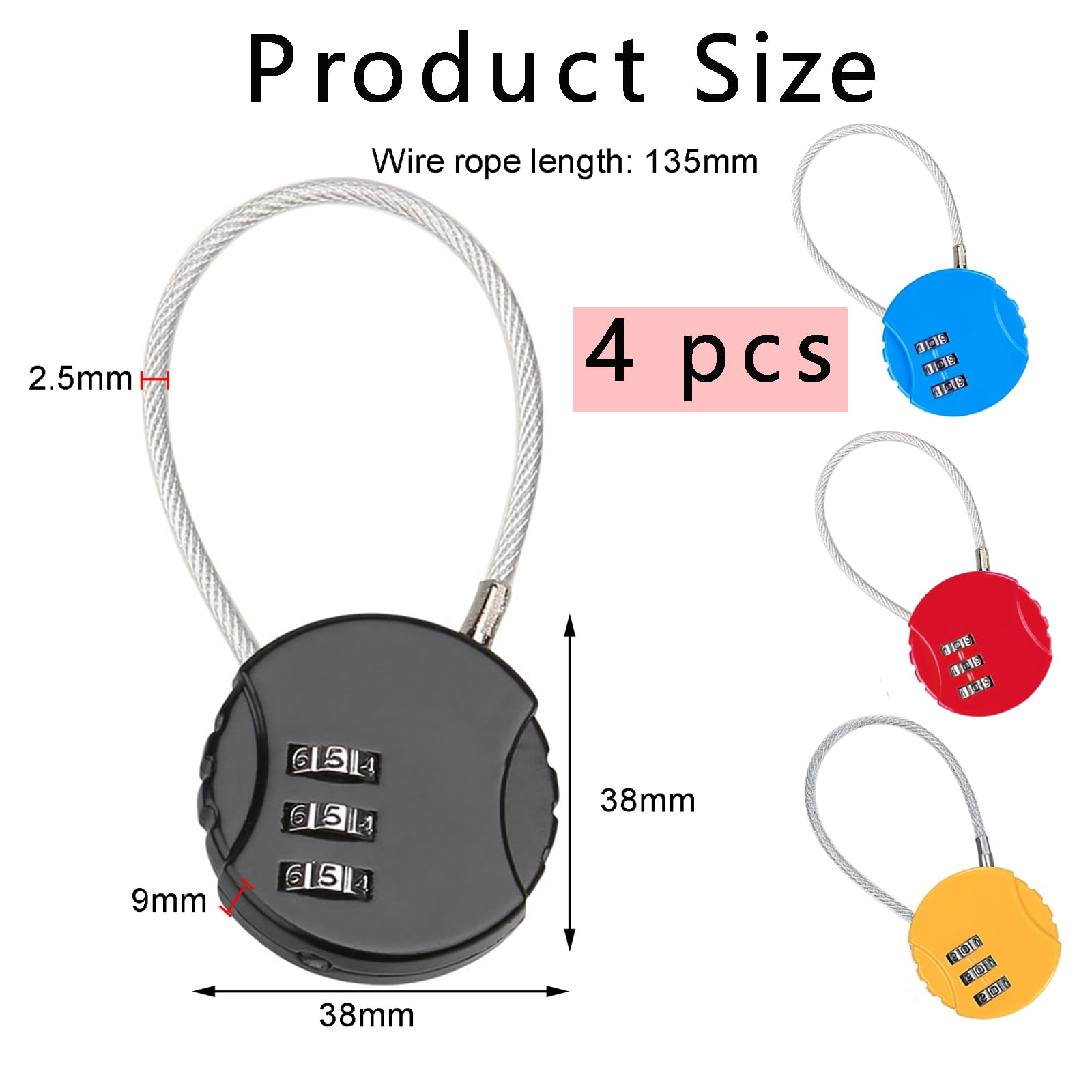 4 Piezas Candado de Combinación de 3 Dígitos, Candados de Seguridad de Cable Acero Flexible para Taquilla, Gimnasio, Maleta Viaje, Equipaje (4 Colores)