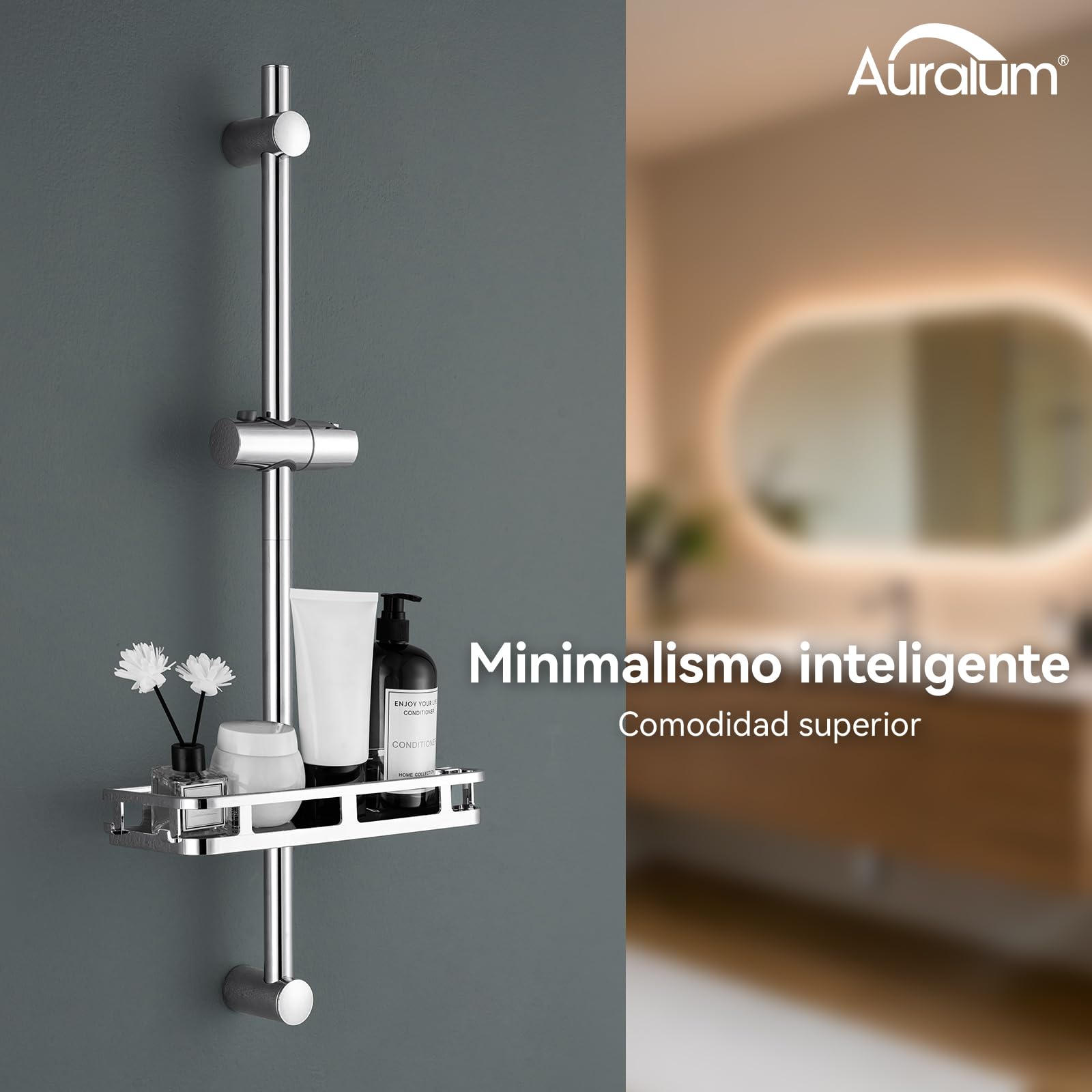 Auralum Barra de Ducha 70cm de Acero Inoxidable con Estante sin Taladrar, Columna de Ducha sin Grifo con Soporte Ajustable 360°, Ø22mm Compatible con Agujeros Existentes, Ideal para Renovación, Cromo