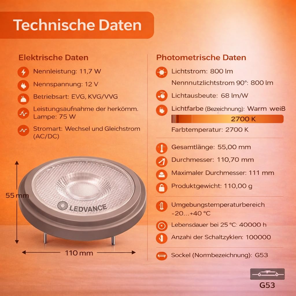 LEDVANCE 6x LED AR111 Spot, Warmweiß 2700K, 11,7W, Dimmbar, G53 Sockel, 75W Halogen Ersatz, 24° Abstrahlwinkel, 12V 6er SPARPACK