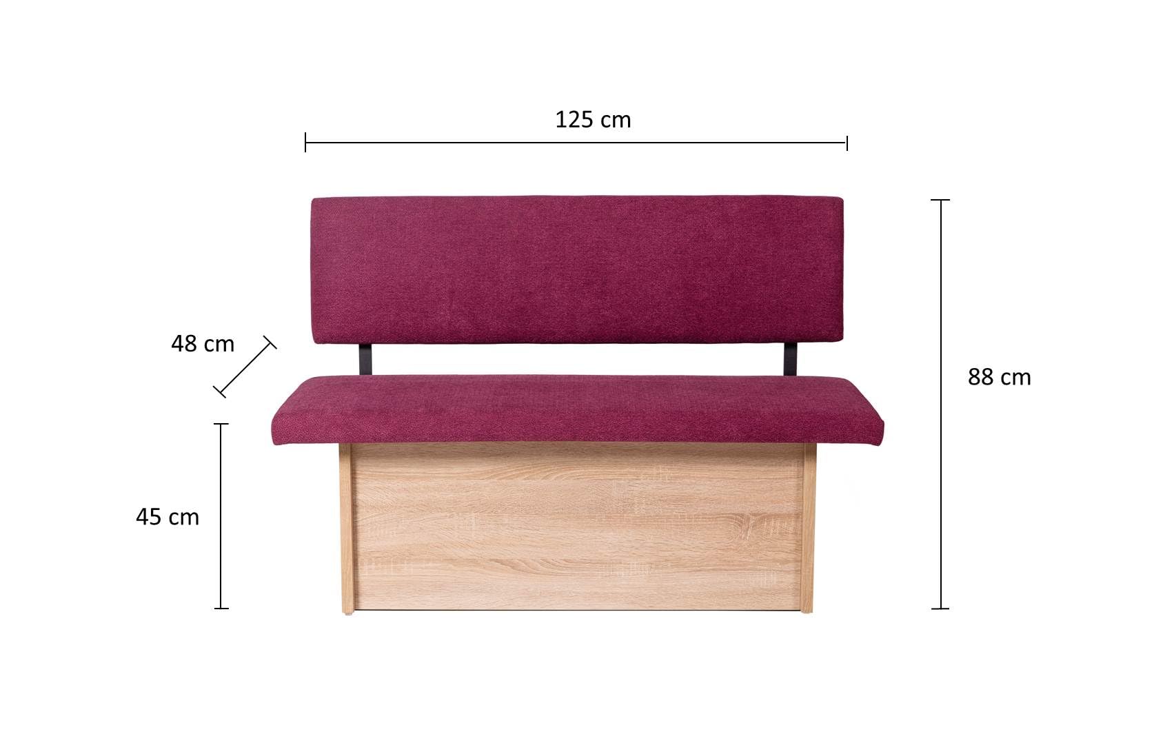 Sitzbank mit Truhe Holz Eiche Dekor 125x88x48 cm, Eckbank oder Küchenbank mit Aufbewahrung, ideal als Bank im Esszimmer, einfacher Aufbau, 'Das Raumwunder' (Bordeaux, L 125 cm)