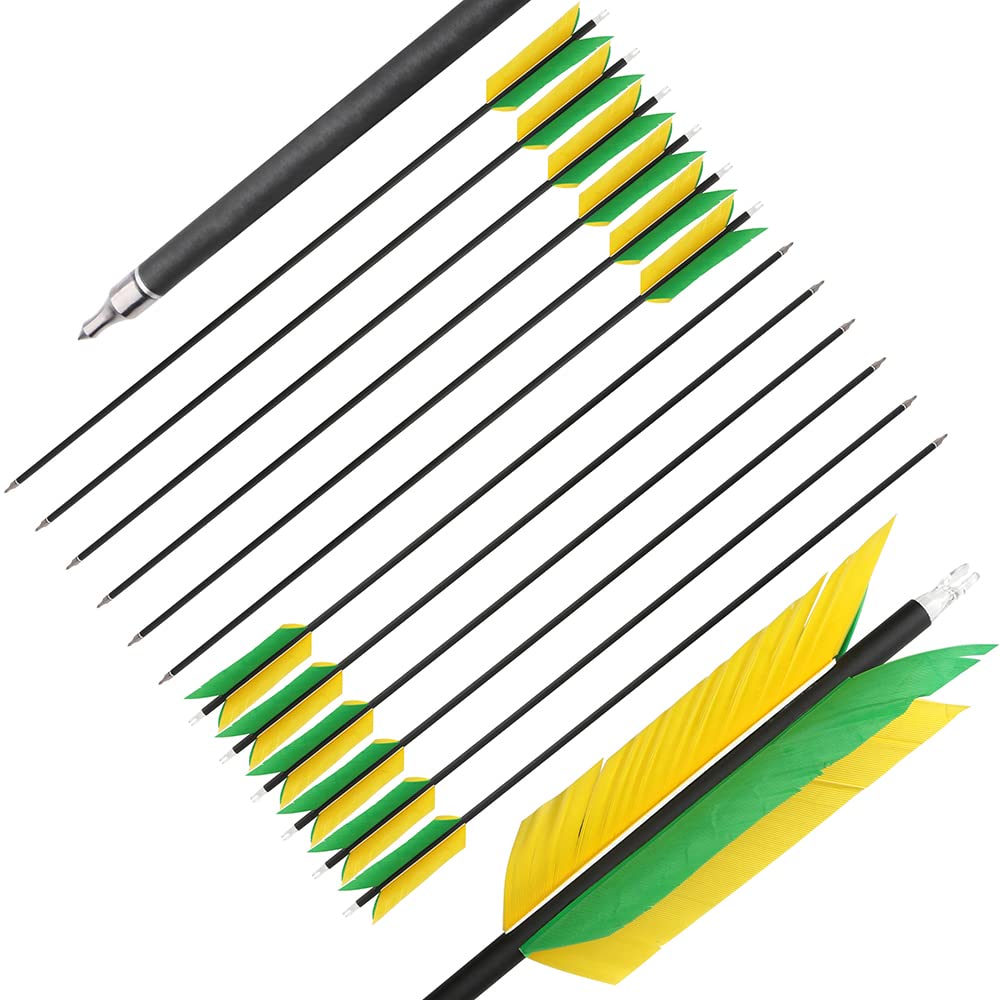 12 Stück 30 Zoll Carbonpfeil Flu-Flu Pfeil mit 4pcs Truthahnfedern Befiederung 500 Spine Jagd Zielpfeil für Bogenschießen Compound Bogen Recurve Bogen
