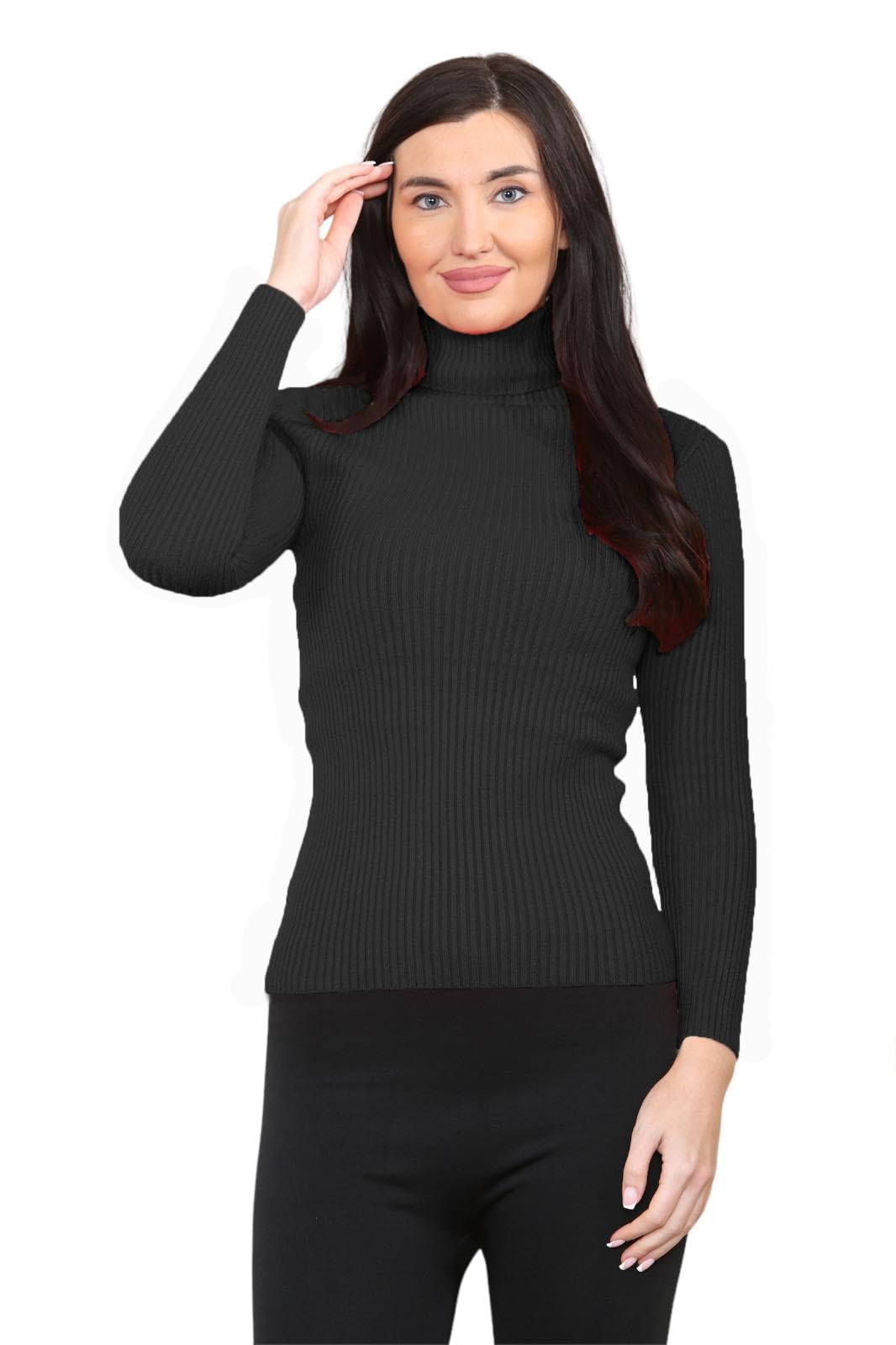 GOSTYLES® Women's Ribbed Knitted High Polo Roll Neck Jumper, Ladies Casual Smooth Stretchy Pullover Knit Turtleneck Plain Sweater Top (Black, 12)