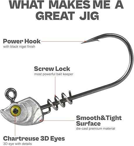 Miniatura 5 de Paquete de 15 cabezas de plantilla de cebo con bloqueo de tornillo – 3D Chartreuse Eyes 1/8 3/16 1/4 3/8 1/2 oz, 3/0 y 4/0 anzuelos de pesca