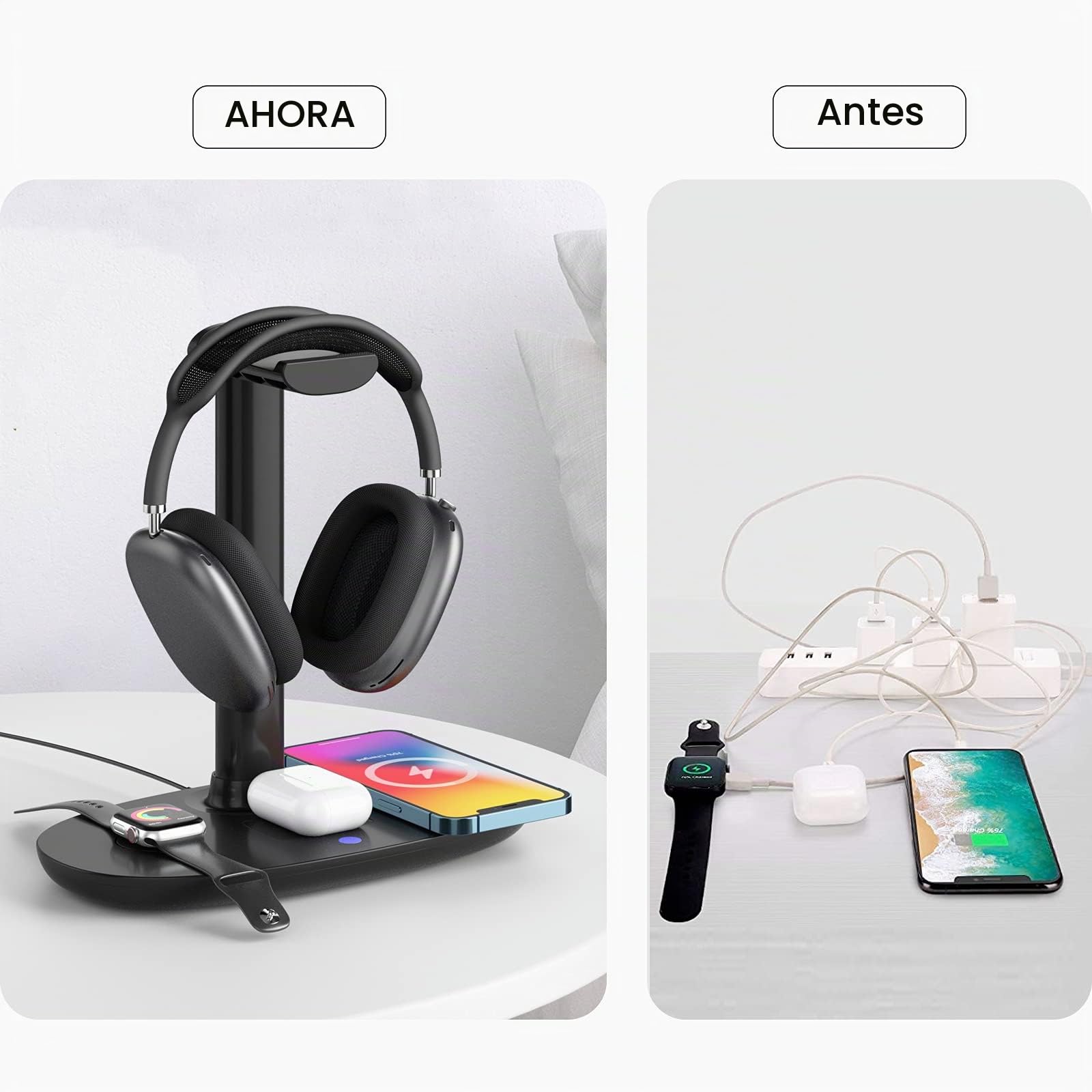 Soporte para auriculares con cargador inalámbrico de 15 W, estación de carga 4 en 1 para AirPods Max/Pro/4/3/2 iWatch 10/9/8/7/6/5/4/3/2/1/SE iPhone 16/15/14/13/12/11/X para juegos de mesa