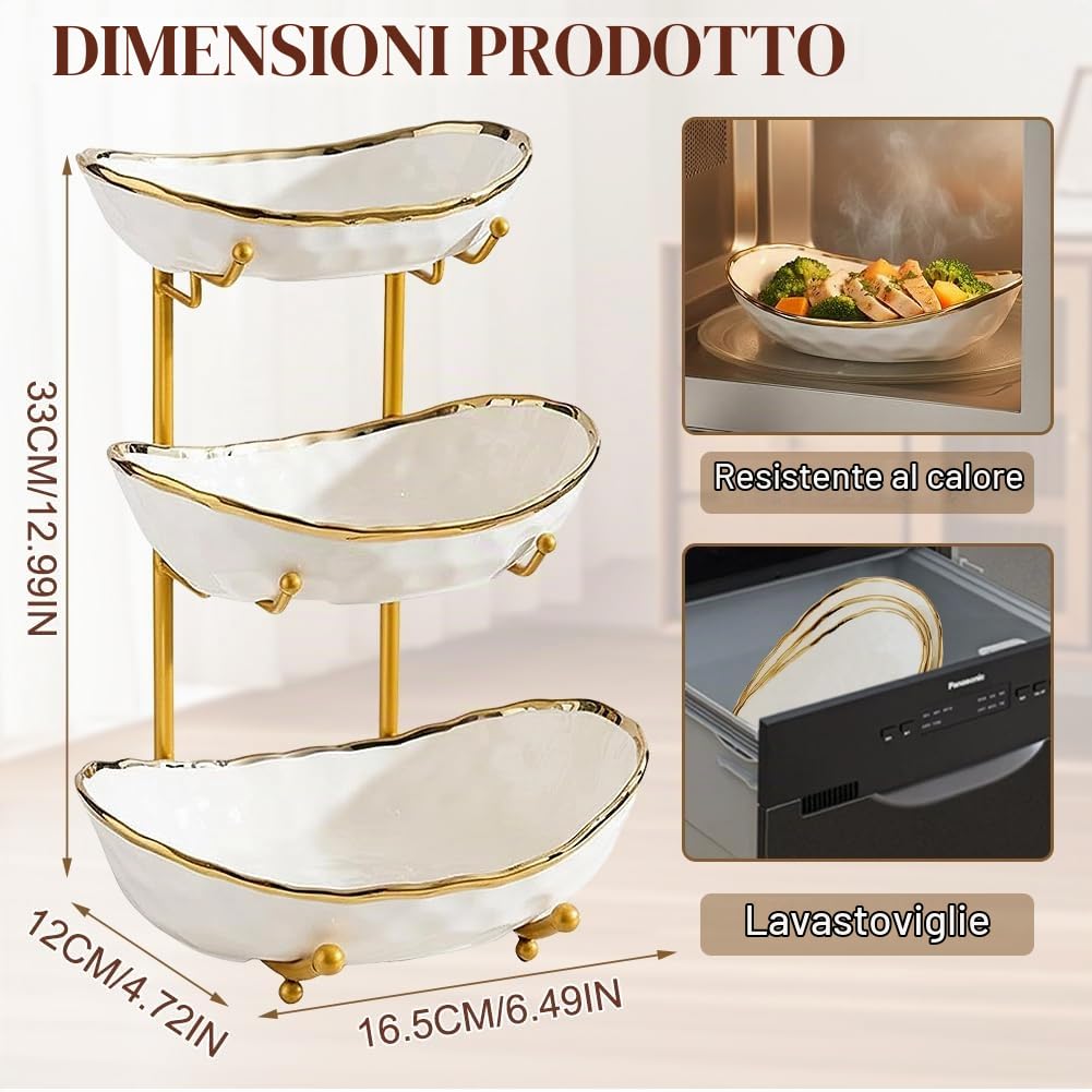 ciotola per frutta in ceramica a 3 strati con supporto in metallo, ciotola per frutta a più livelli, elegante vassoio per servire frutta, verdura e snack, ciotola decorativa per cucina e