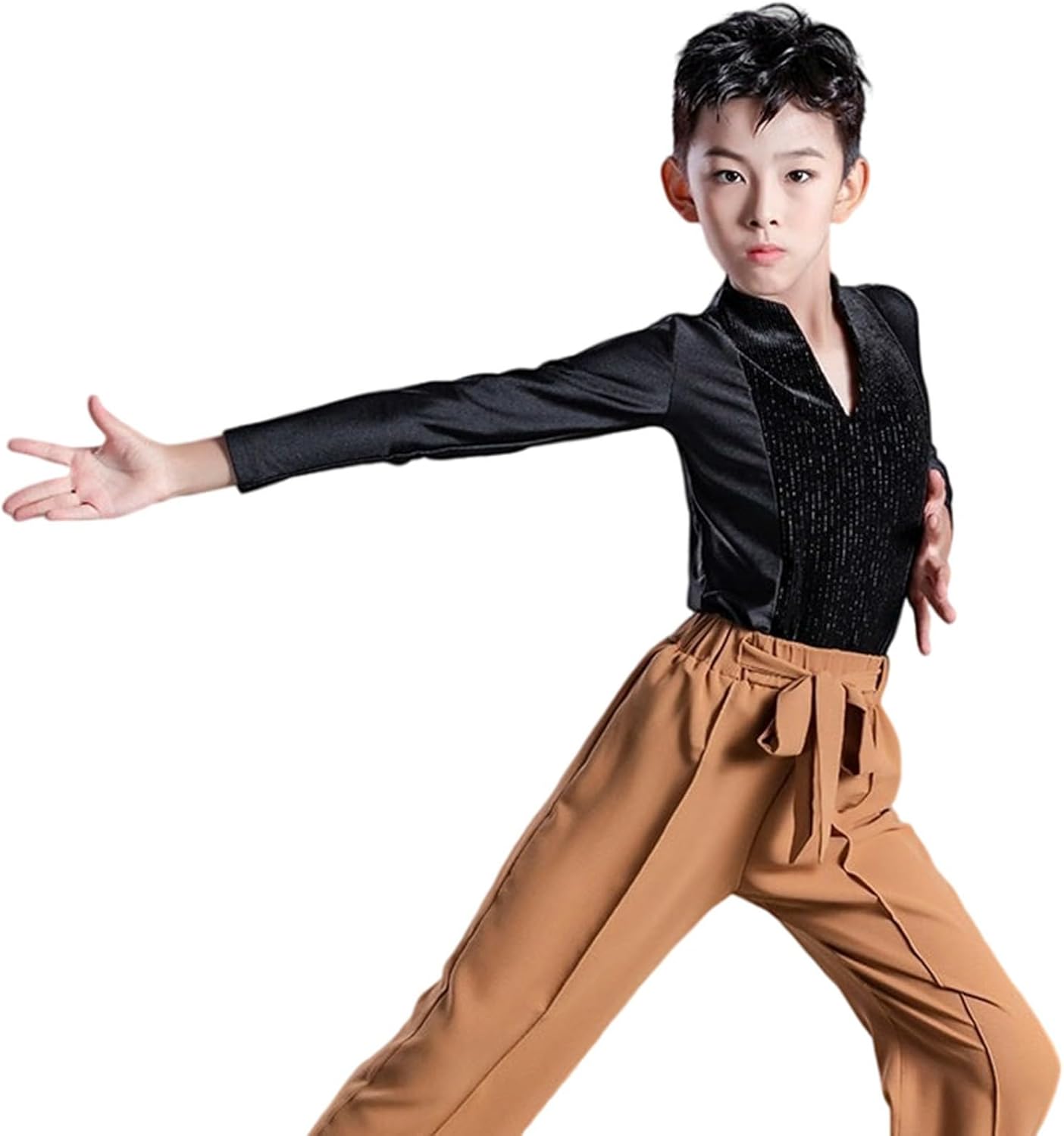 Kids Boys Toddler Spliced Latin Modern Dance Shirt Tops Slim Stretchy Salsa Tango Dancewear Long/Short Sleeve T-Shirt