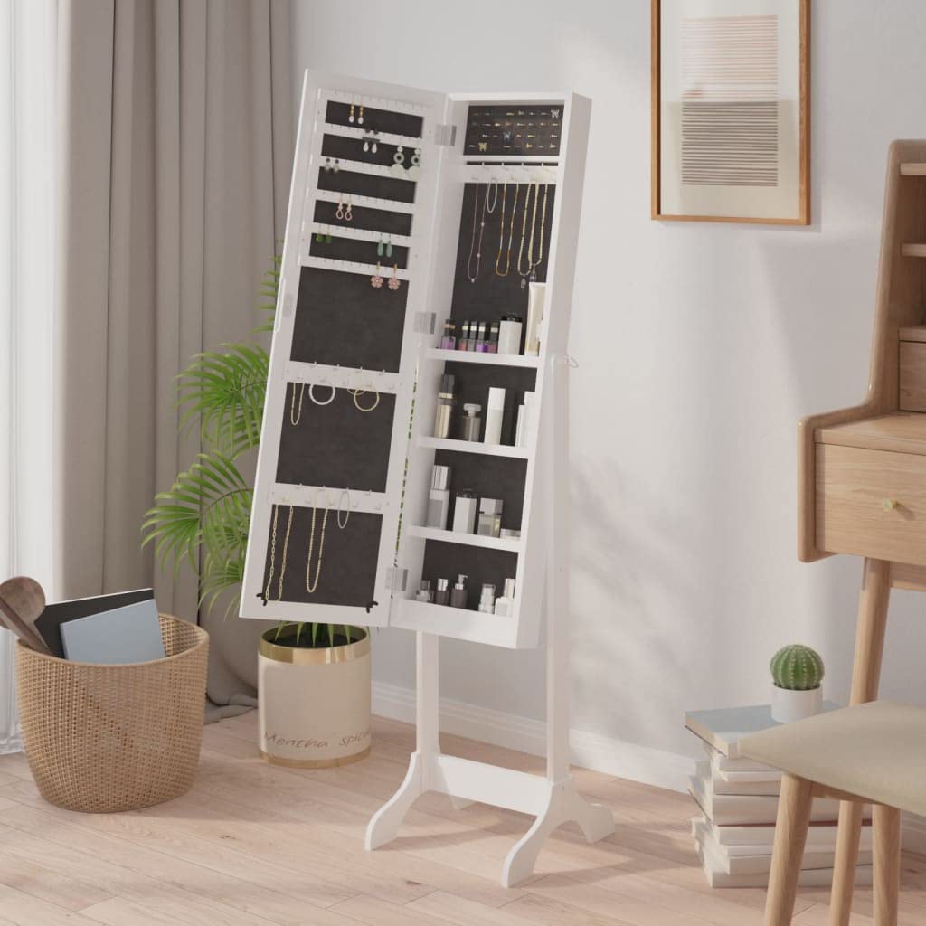 Specchio da terra bianco, in legno, 34 x 37 x 146 cm, autoportante, inclinabile, con spazio per camera da letto, corridoio, guardaroba, design elegante per cosmetici e trucchi