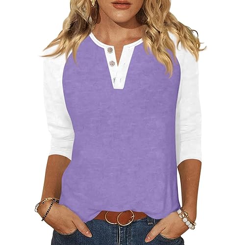 3/4 Length Sleeve Womens Tops Casual Color Block Button Funny