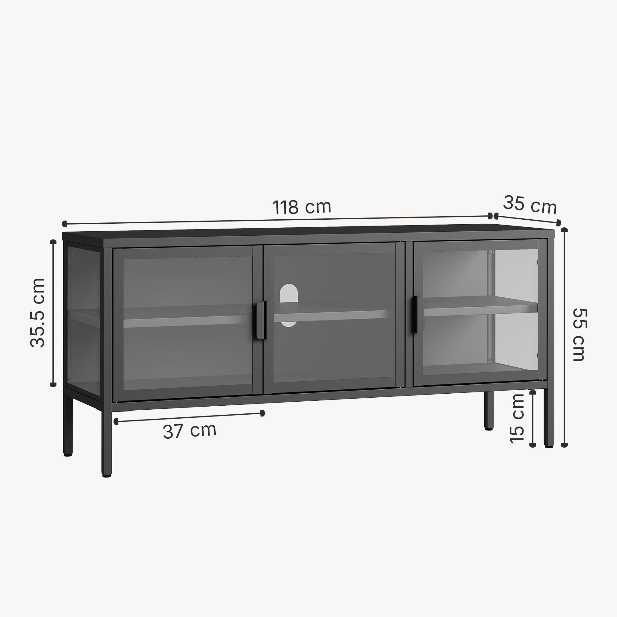 [en.casa] Armadietto con Vetrina Mobile TV in Acciaio Nero con 3 Ante in Vetro Temperato Mobile Contenitore Moderno per Soggiorno Ufficio 55 x 118 x 35 cm