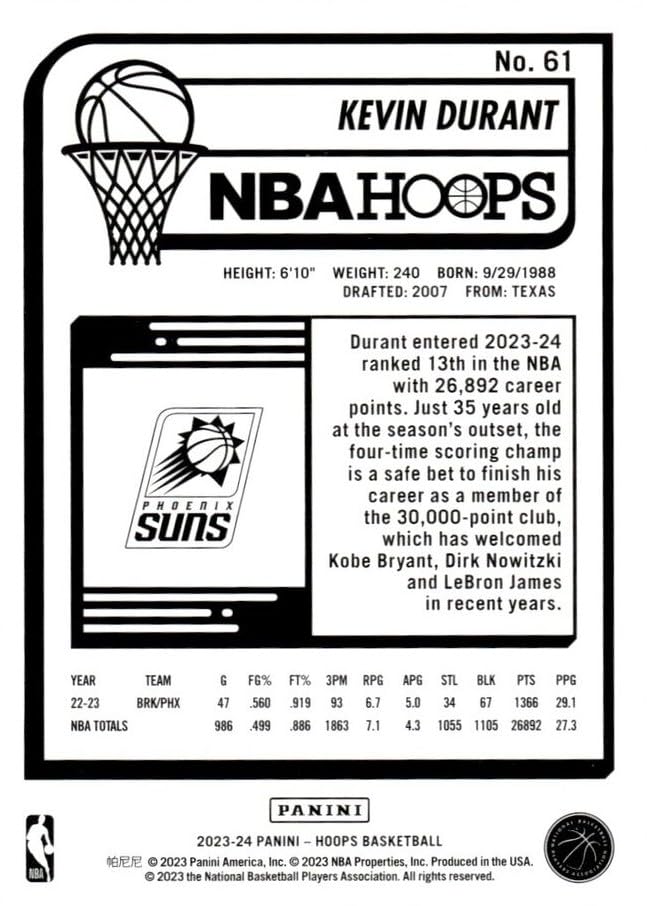 Amazon.com: Kevin Durant 2023 2024 Panini Hoops Basketball Series Amazon.com: Kevin Durant 2023 2024 Panini Hoops Basketball Series