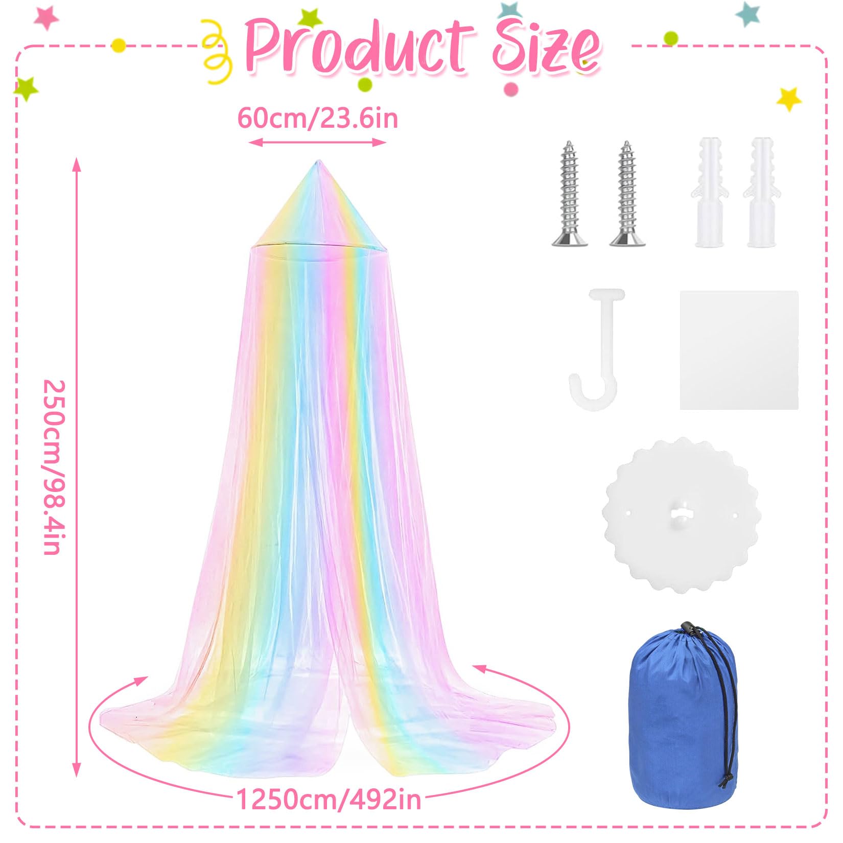 Mosquitera para cama grande, 60 x 250 x 1200 cm, arco iris, mosquitera para cama de matrimonio de malla fina con bolsa de almacenamiento, mosquitera colgante para camping, casa, cunas