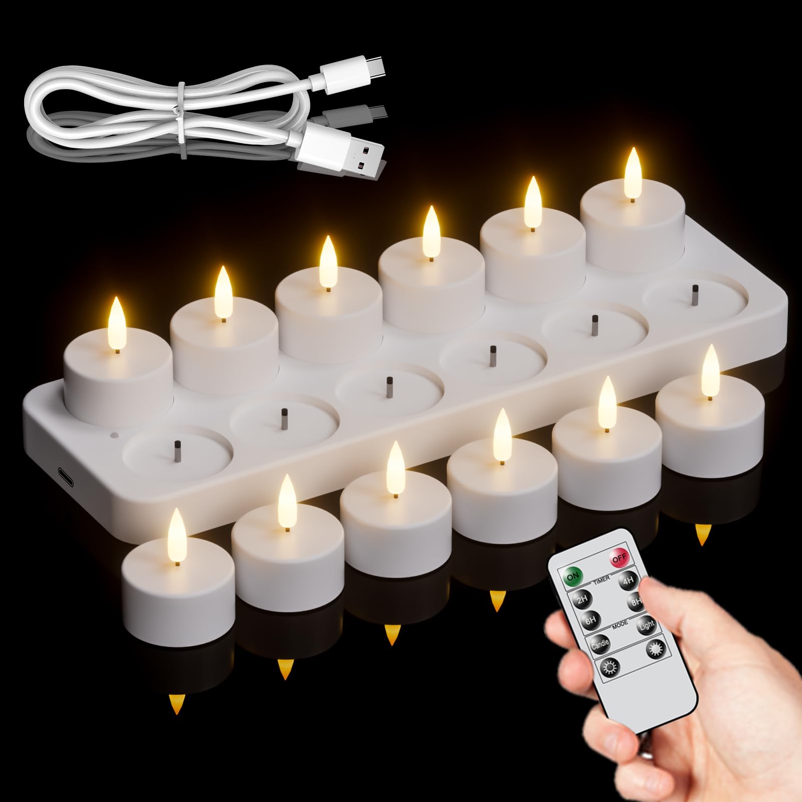 GenSwin 12 Rechargeable Tea Lights Candles with Charging Base and Remote Timer, Flameless LED Tealight Candles Battery Operated Halloween Fall Wedding Table Centerpieces (1.57” x 1.85”)